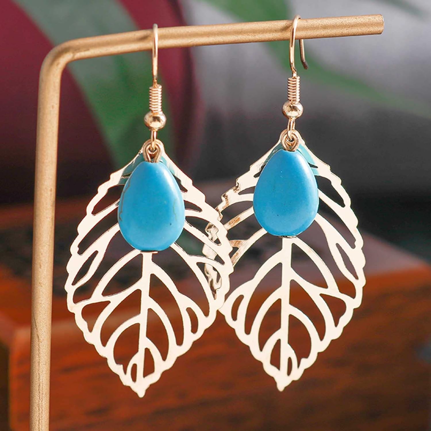 YienDoo Boho Turquoise Teardrop Drop Dangle Earrings Big Gold Leaf Drop Earrings Vintage Ethnic Turquoise Stone Hook Earrings Statement Hollow Leaf Dangle Earrings Jewelry for Women - Image 4
