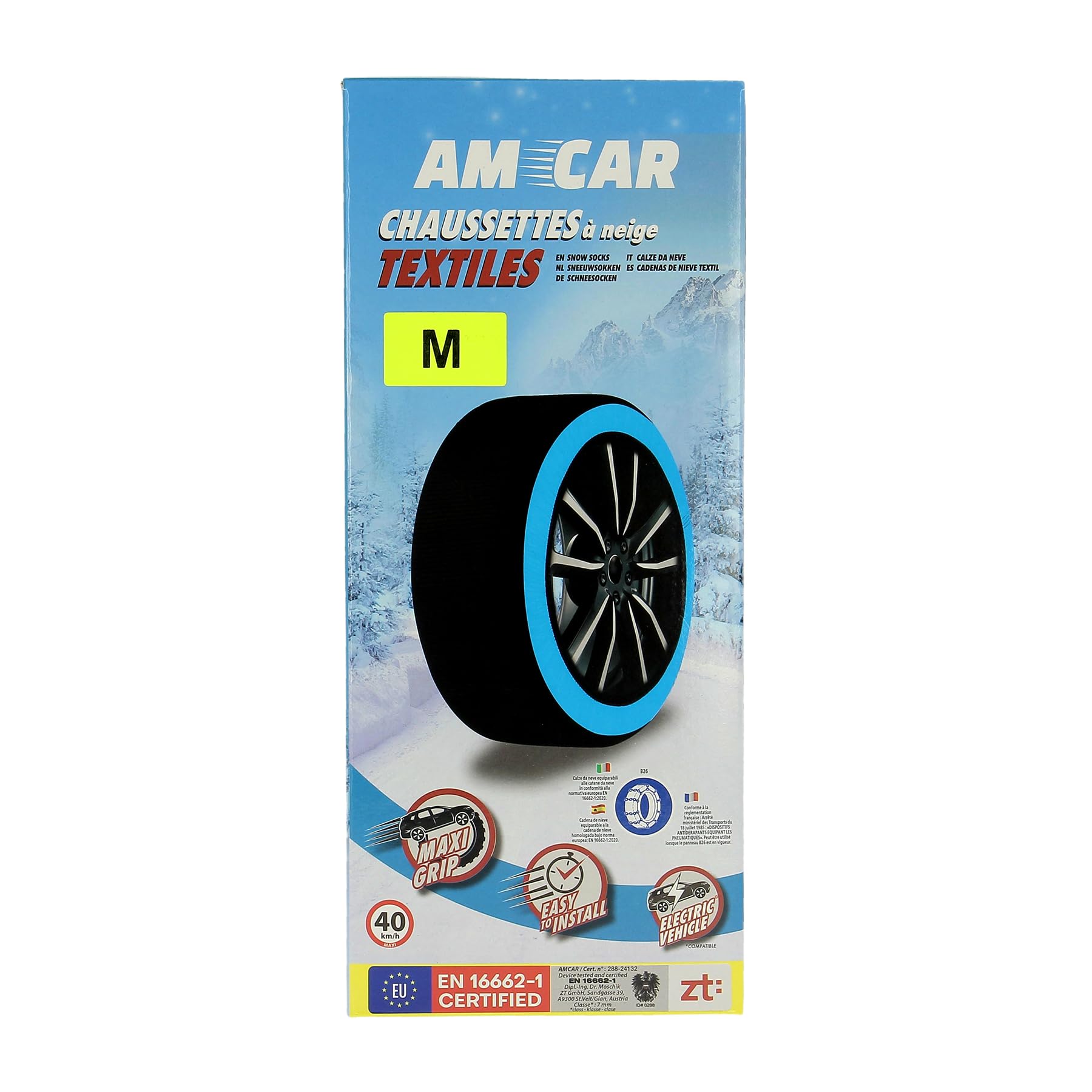 AMCAR - Calcetines de nieve textiles, talla M, homologados Italia EN 16662-1 – Cadenas de nieve de tela montaje 3 minutos – Snow Sock Auto SUV compatibles vehículos eléctricos – Tejido 3D protección