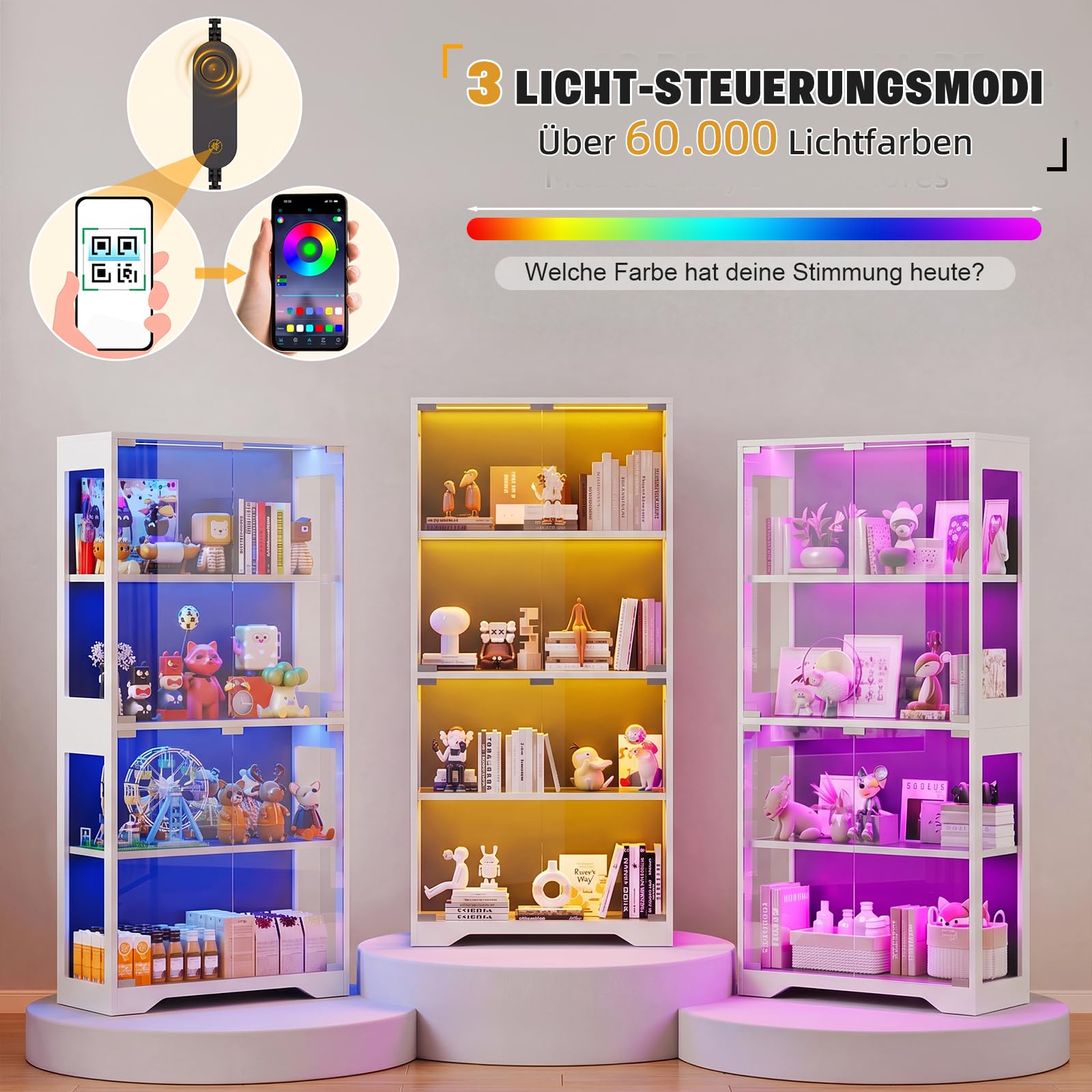 JUMMICO Glasvitrine mit RGB Beleuchtung LED, 80 x 35 x 165,5(H) cm (Weiß)