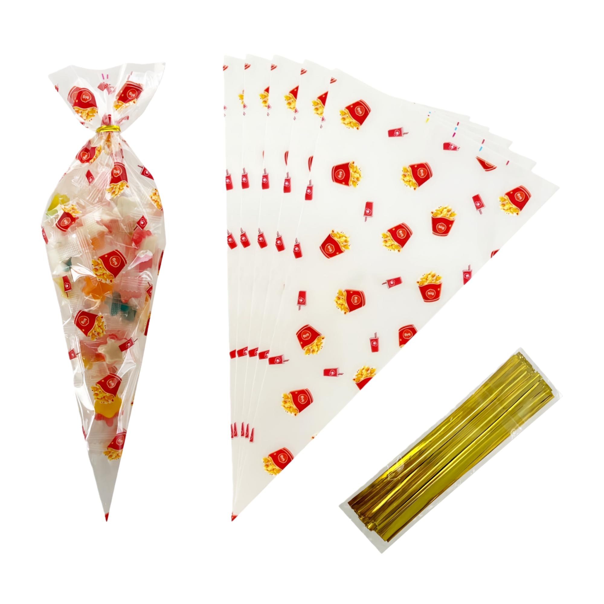 WACCOMT Pack 50pcs Clear Sweet Cone Bags with Twist Ties 17x30 cm (6.7x12 inch) Triangle Clear Cellophane Candy Treat Bags for Father's Day Birthday Party Favor Supplies Display Goodie Bags (Popcorn)
