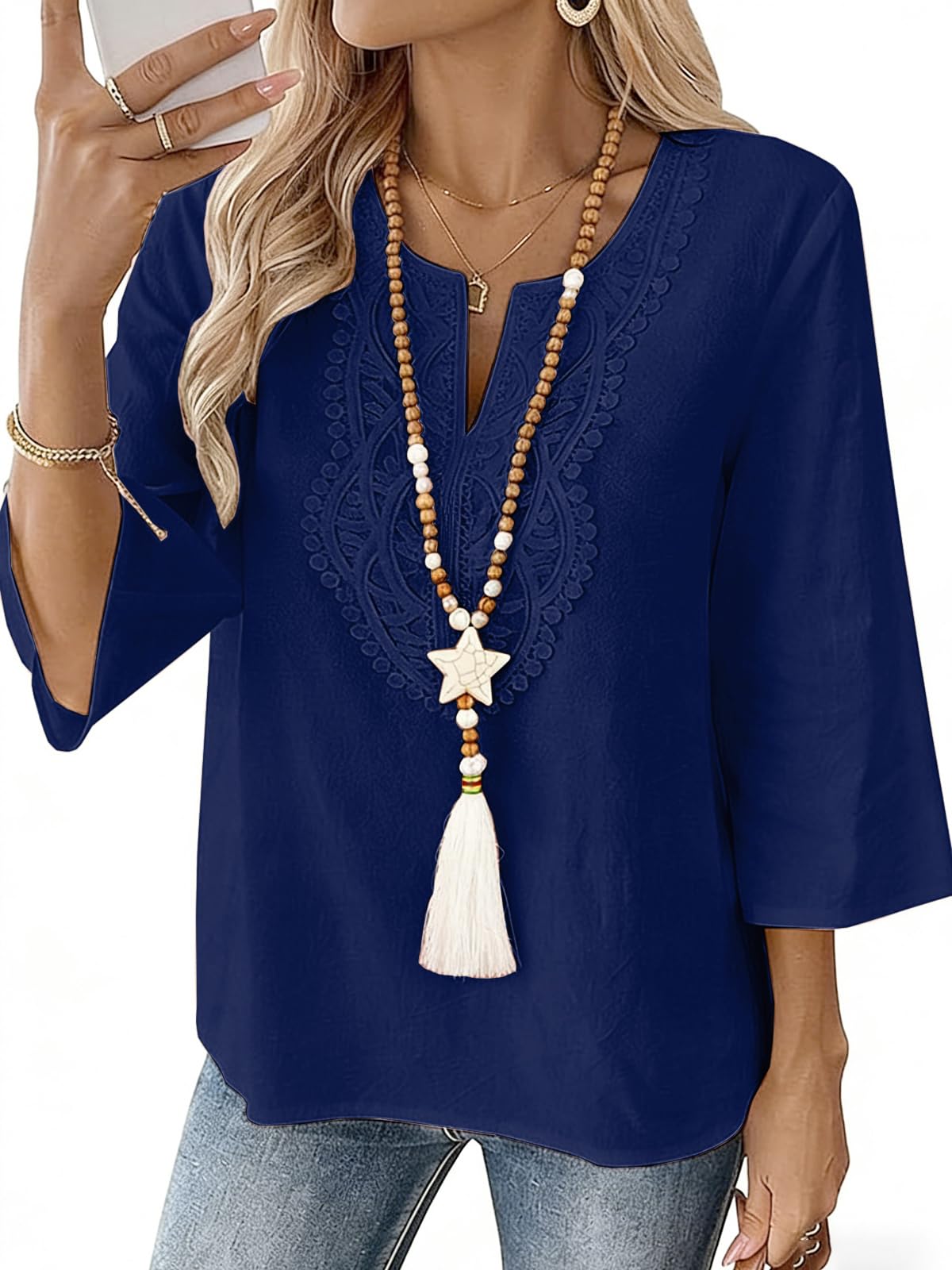 HOTIAN Blusa de manga larga para mujer, estilo bohemio, manga 3/4, elegante, cuello de pico, blusas de lino, para primavera, otoño, encaje, holgada, ropa informal