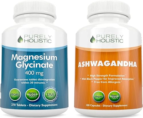 Glicinato de magnesio 400 mg + Ashwagandha 1300 mg - Paquete vegano - 270 tabletas y 180 cápsulas - Fabricado en Estados Unidos