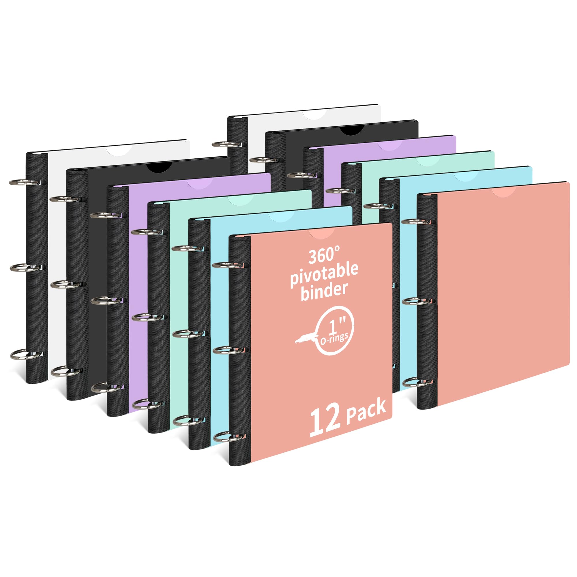 LETVPVOW Lot de 12 classeurs souples à 3 anneaux pivotants à 360 °, 2,5 cm, flexibles et fins à 3 anneaux pour 21,6 x 27,9 cm, pour la maison, l'école et le bureau - Noir, blanc, bleu, vert, rouge