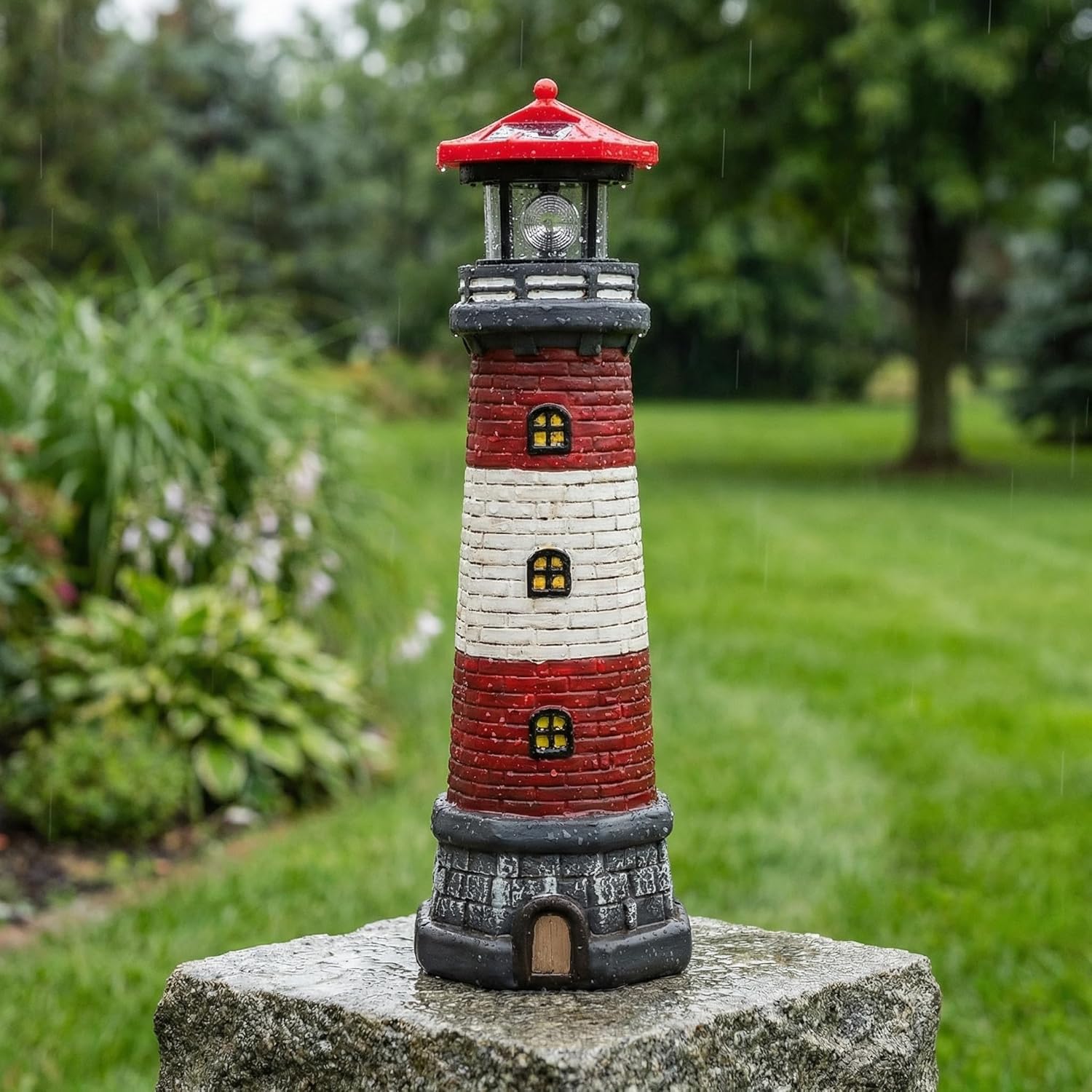 Housoutil Solar Lighthouse Outdoor Statues, 360° Rotating Beacon Garden Lighthouse, 15" Light House for Outside Garden Yard Decor, Waterproof Resin Nautical Figurines for Patio Lawn Landscape Lighting