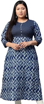 Yash Gallery Womens Cotton Kantha Chevron Calf Length 3/4 Sleeve Indian A-Line Kurta Dresses For Summer
