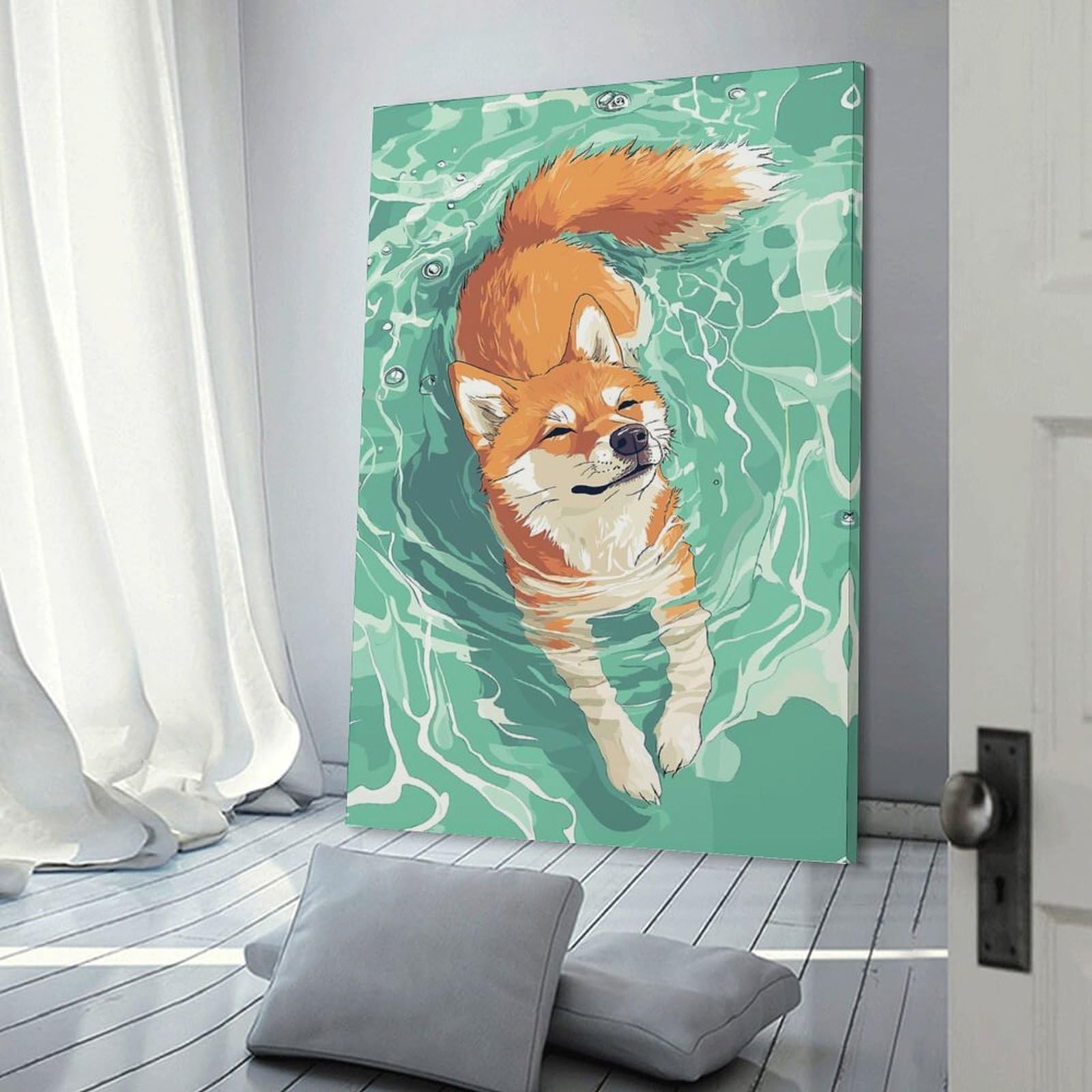 Junmoney Shiba Inu Dog Swimming Illustration Room Decor Wall Art 12x18inch(30x45cm), for Art Walls, Layered Displays Or Homes, Wall Decor Suited to Curated Displays