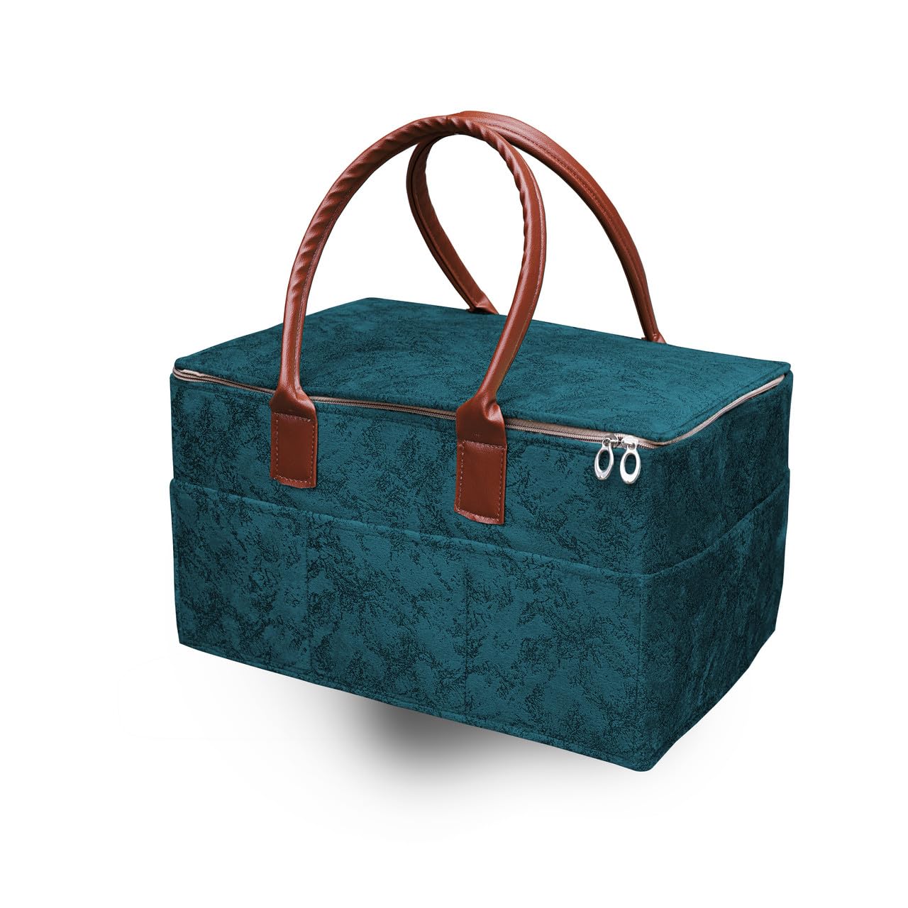 MetDeals Premium Felt Baby Diaper Caddy Bag with Zip Cover & Leather Handle with Removable Divider | Baby Essentials Organizer for Diapers,Wipes,Toy,Clothes(Spray Teal Blue - 15X10X8 Inch)-image-6