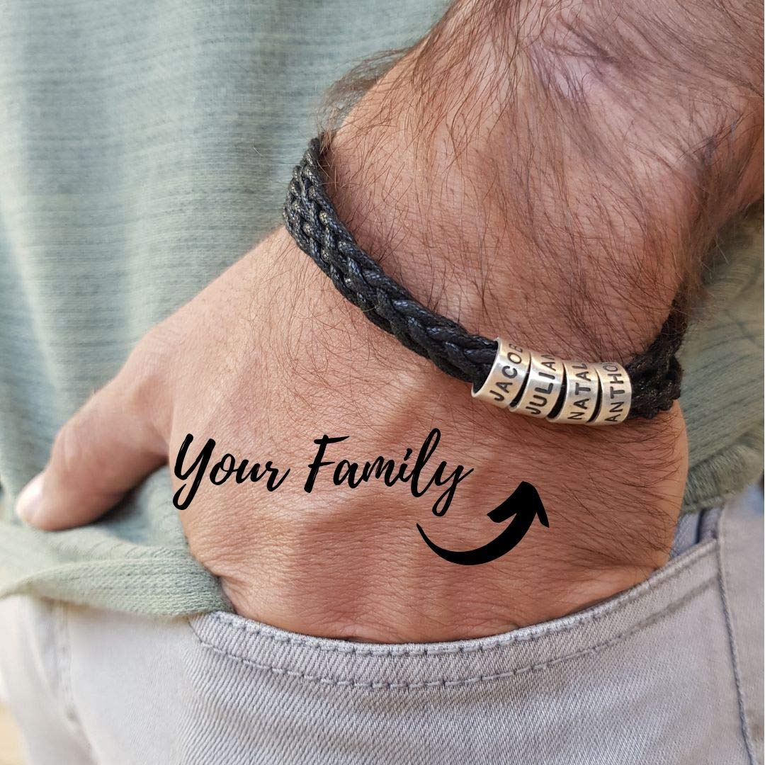 MYKA Personalisierte Herren Armband Geflochten mit kleinen Gravur Perlen Leder - Weihnachten Graviert Name Schmuck Geschenk für Männer - Vater - Freund (Schwarze Baumwollkordel: 925er Sterling Silber)