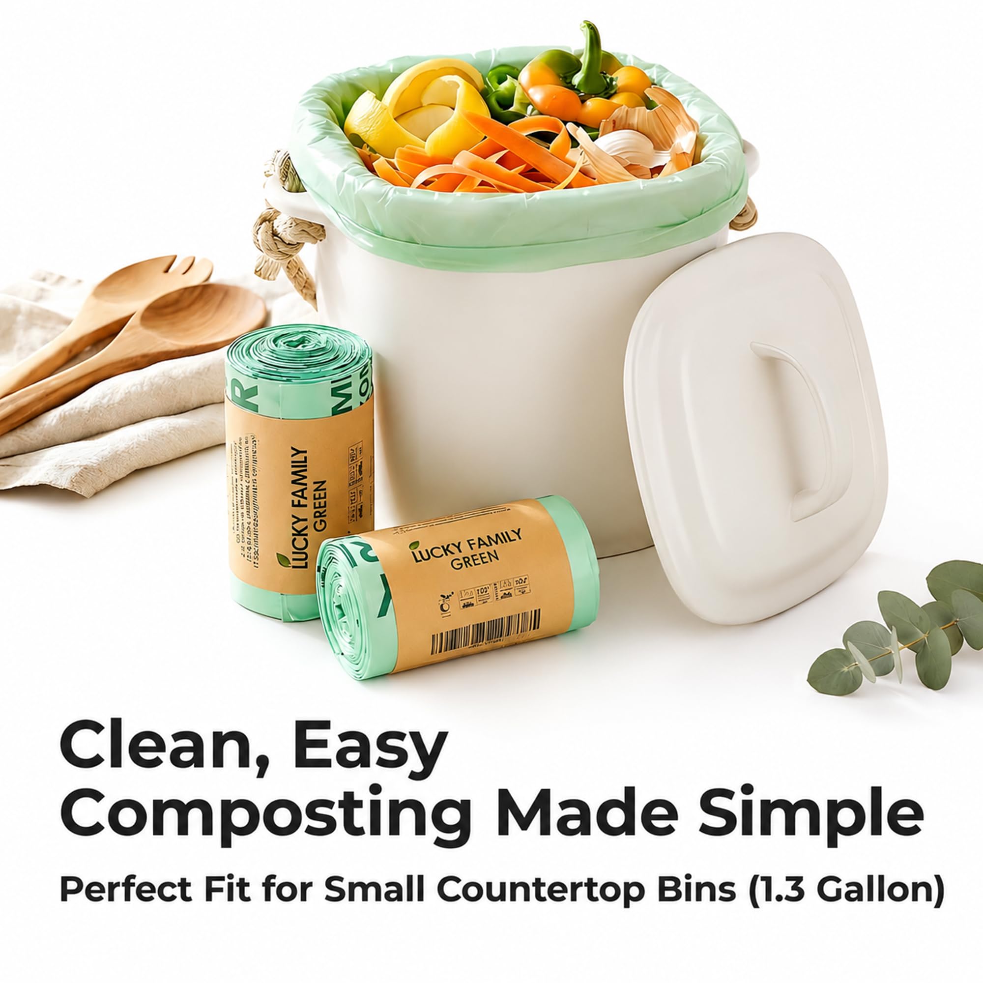 Lucky Family - Bolsas de compostaje verdes para encimera de cocina, 1.3 hasta 1.6 galones, 100% compostable, reciclables, orgánicas, ecológicas, 50 bolsas por rollo