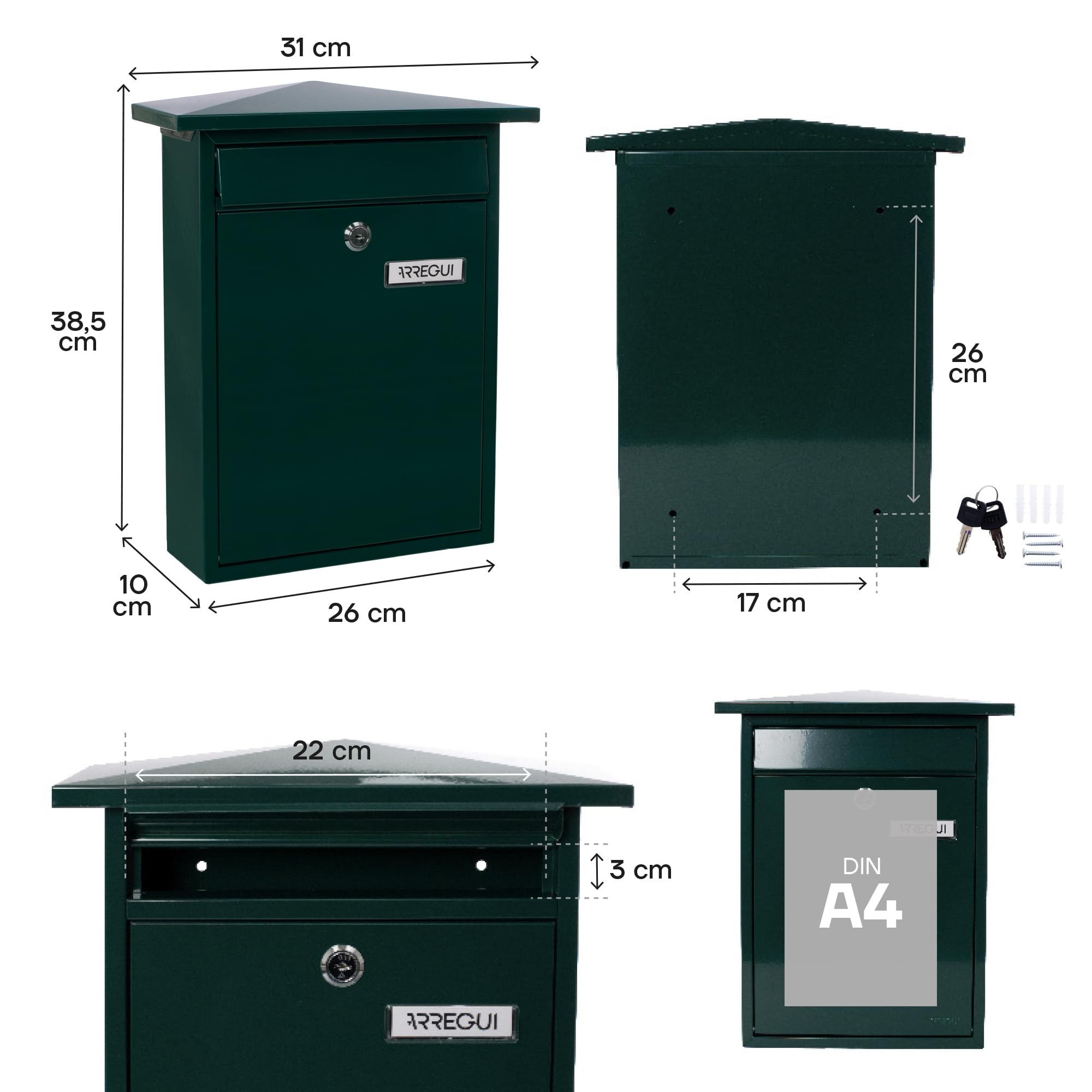 Cassetta Postale Da Parete ARREGUI Villa E5003 – Acciaio Spesso, Verde, Per Formato A4 E Riviste, Impermeabile