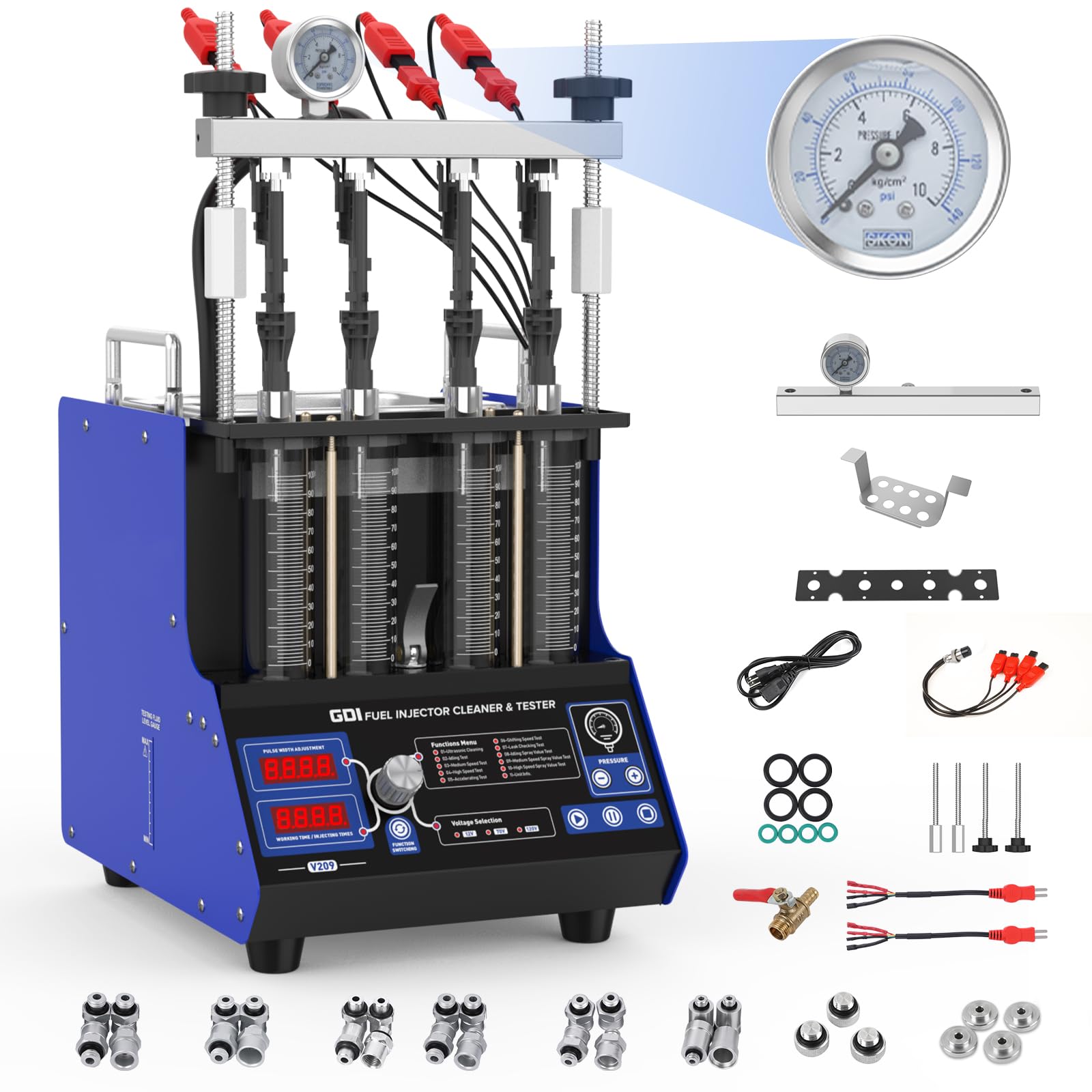 BELEY V209 GDI/EFI/FSI Fuel Injector Cleaner Tester Kit, 110V 4-Cylinder Heated Ultrasonic Injector Cleaner Machine with 10 Functions Injector Tester Tool Kit for Diesel/Gasoline Car Injectors