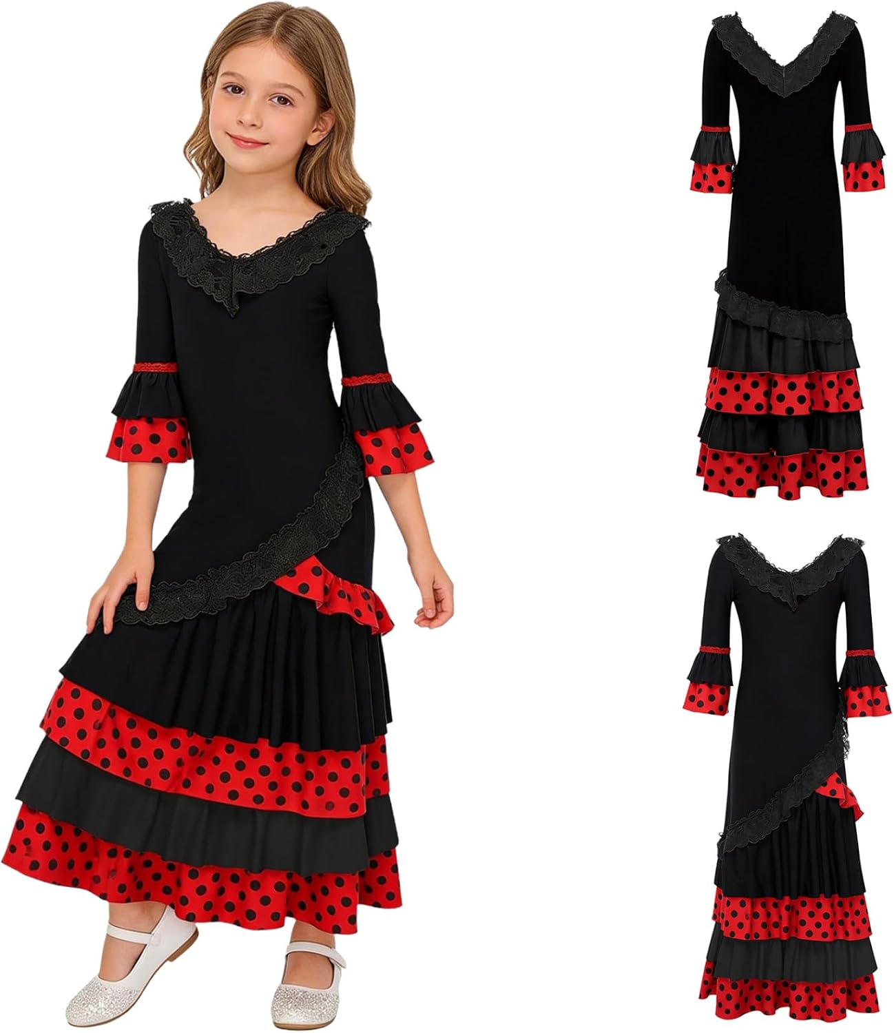 Linjinx Kids Girls Flamenco Dance Dress Lace Trim Ruffle Sleeve Spanish Dancer Dress Performance Ballroom Dancewear