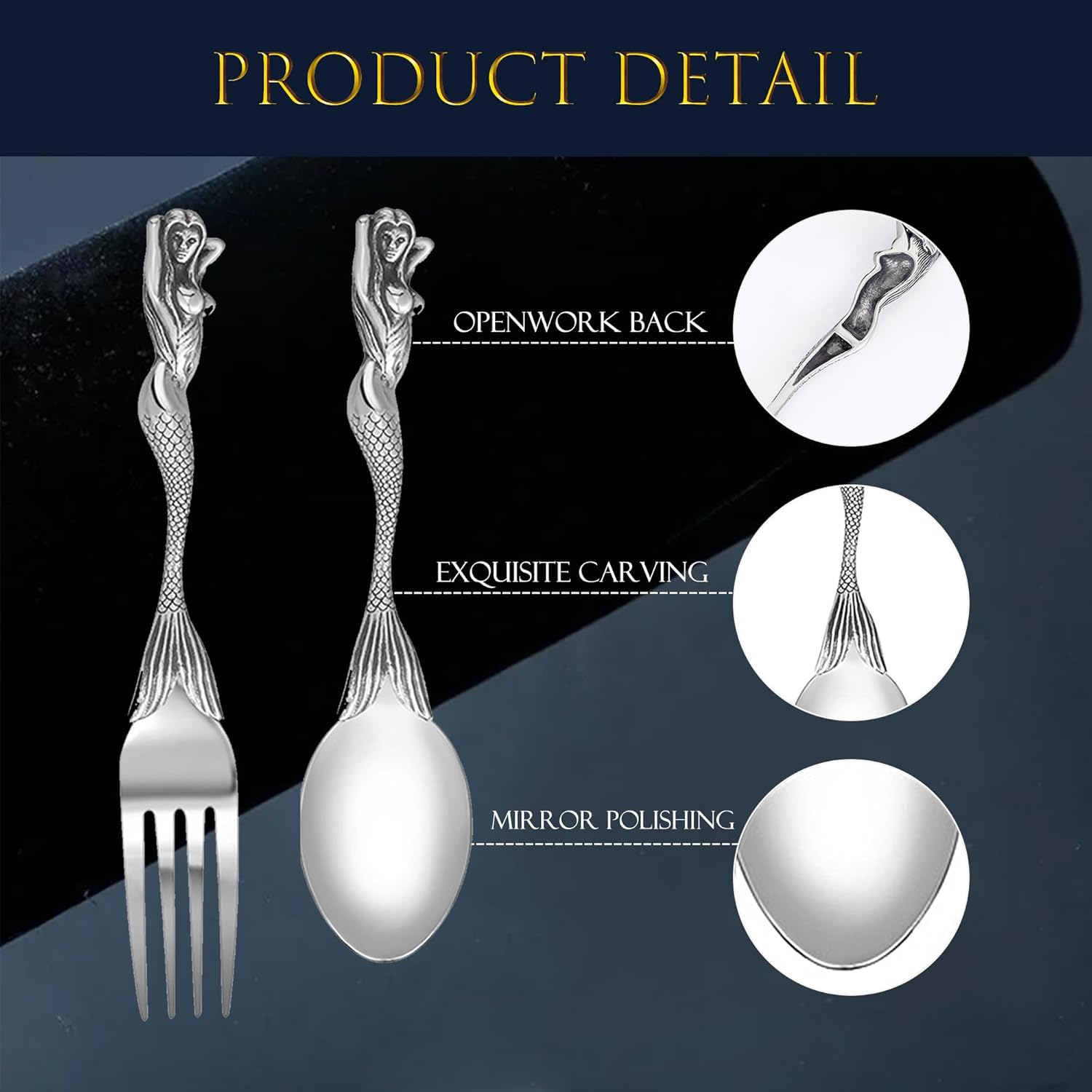 8 Piece Silverware Flatware Sets, Personality Retro Skull Mermaid Stainless Steel Cutlery Set, Kitchen Utensil Set, Dishwasher Safe, Suitable for 2 People