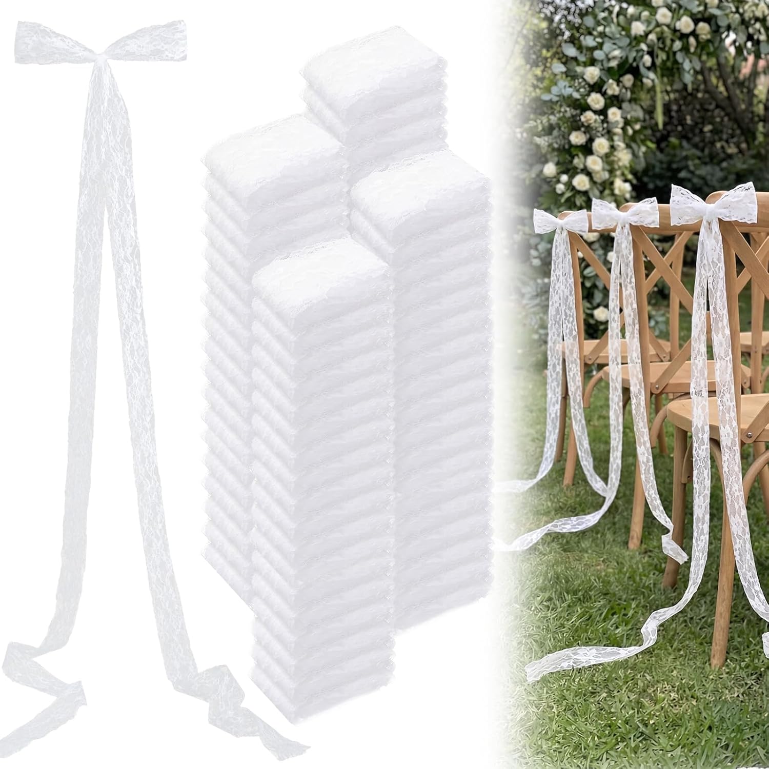 48 Pcs Lace Chair Sashes for Wedding Aisle Decorations Chair Bow Ribbons for Wedding Ceremony Bridal Shower Baby Shower Reception Party Banquet Ceremony Church Pew Decors (White)