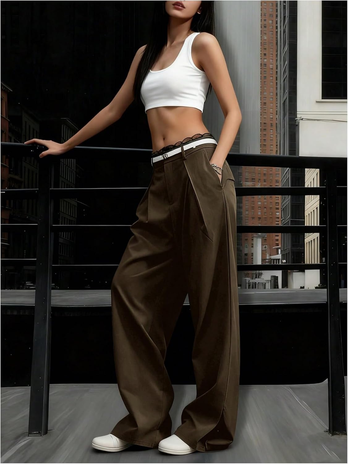 GORGLITTER Women's Pleated Wide Leg Dress Pants Low Rise Lace Trim Slacks Formal Business Casual Office Trousers - Image 2