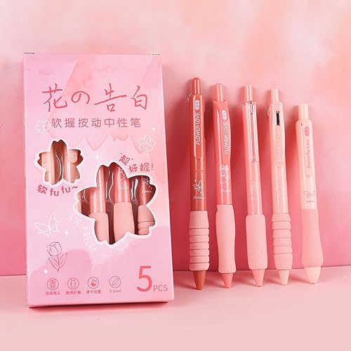 Miniatura 2 de 5 bolígrafos retráctiles rosados, bonitos bolígrafos estéticos de gel, tinta de agarre suave, con punta fina lisa de 0.020 in, suministros escolares