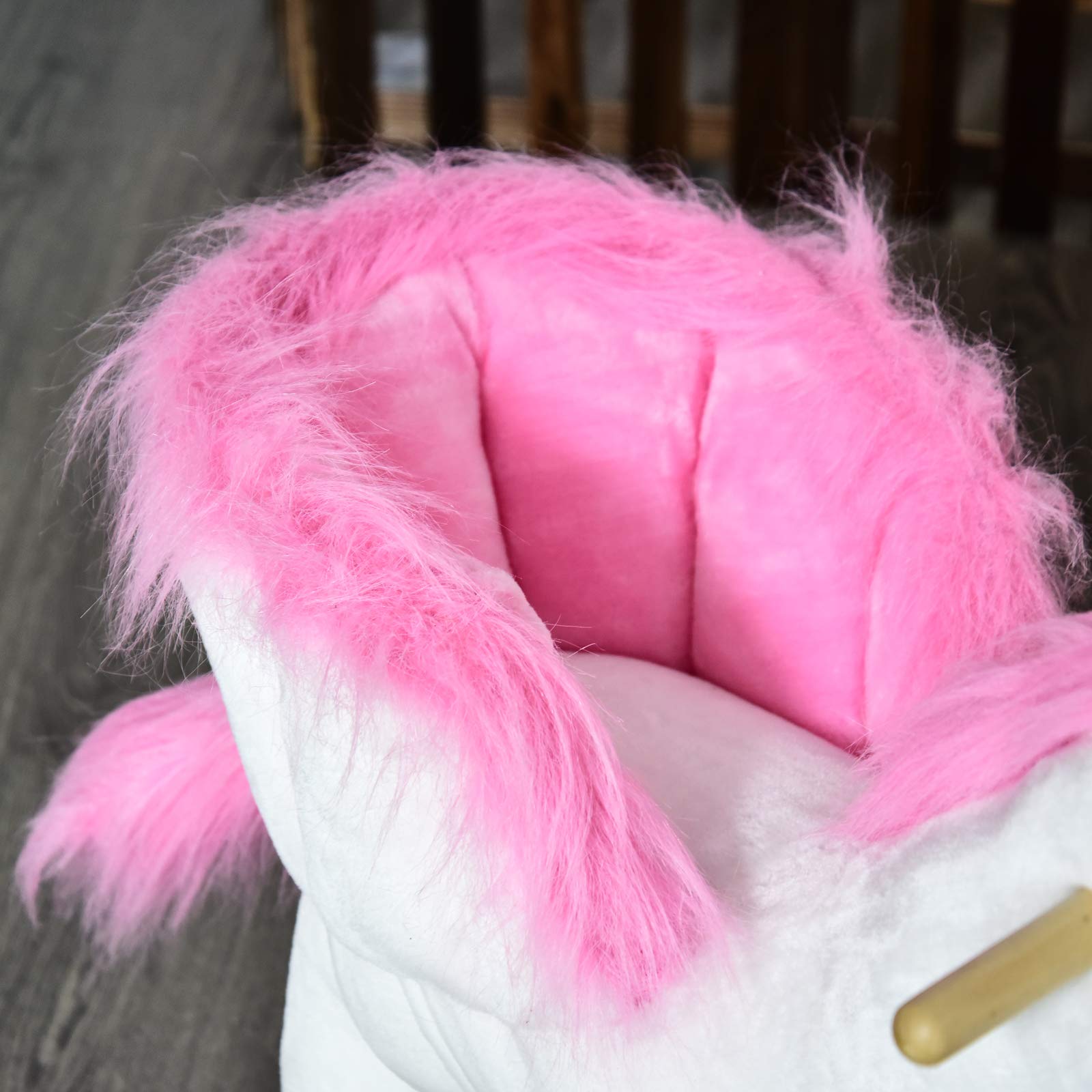 HOMCOM Cavallo a Dondolo a Forma di Unicorno con Musica, Struttura in Metallo e Legno, Rivestimento Peluche, 69x32x57cm, Bianco Rosa