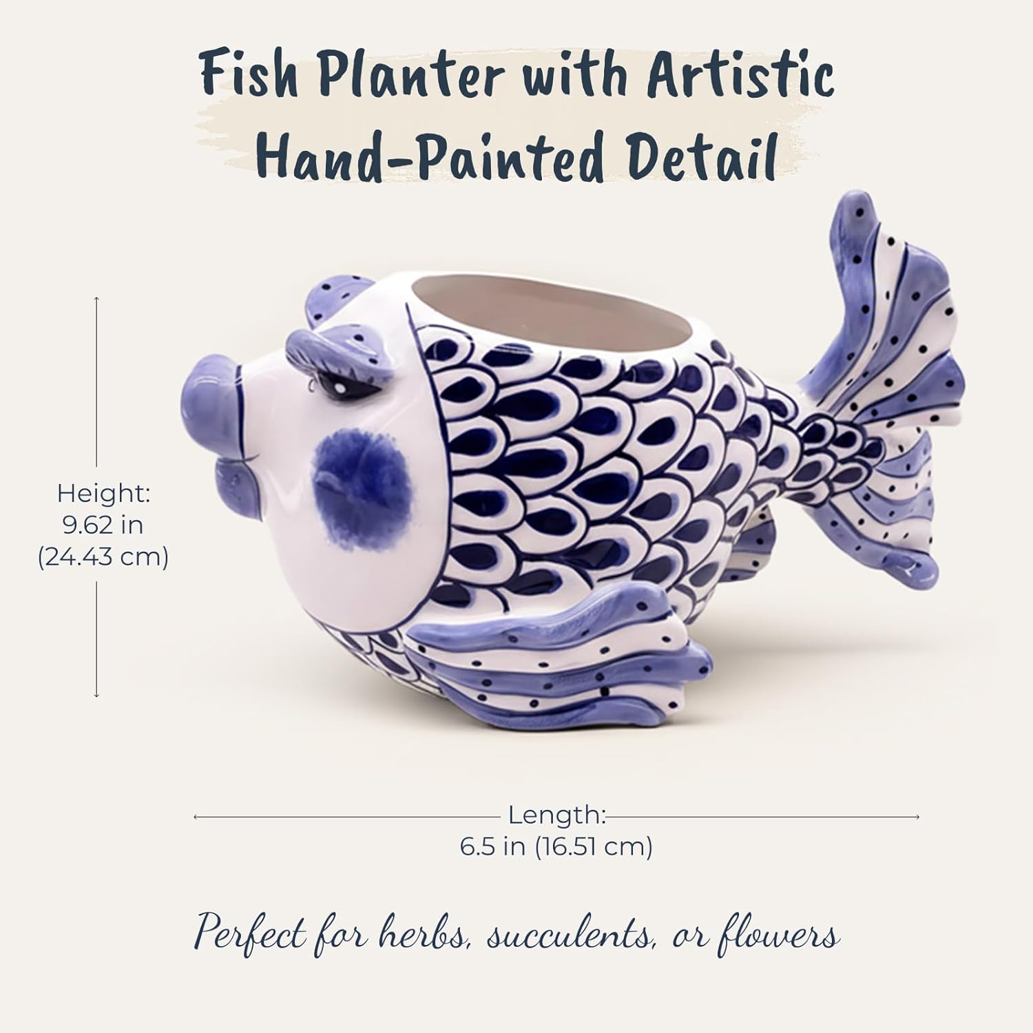 Blue Sky Clayworks Fish Planter, Ceramic, 9.62" L x 6.5" W, Hand-Painted Coastal Whimsy