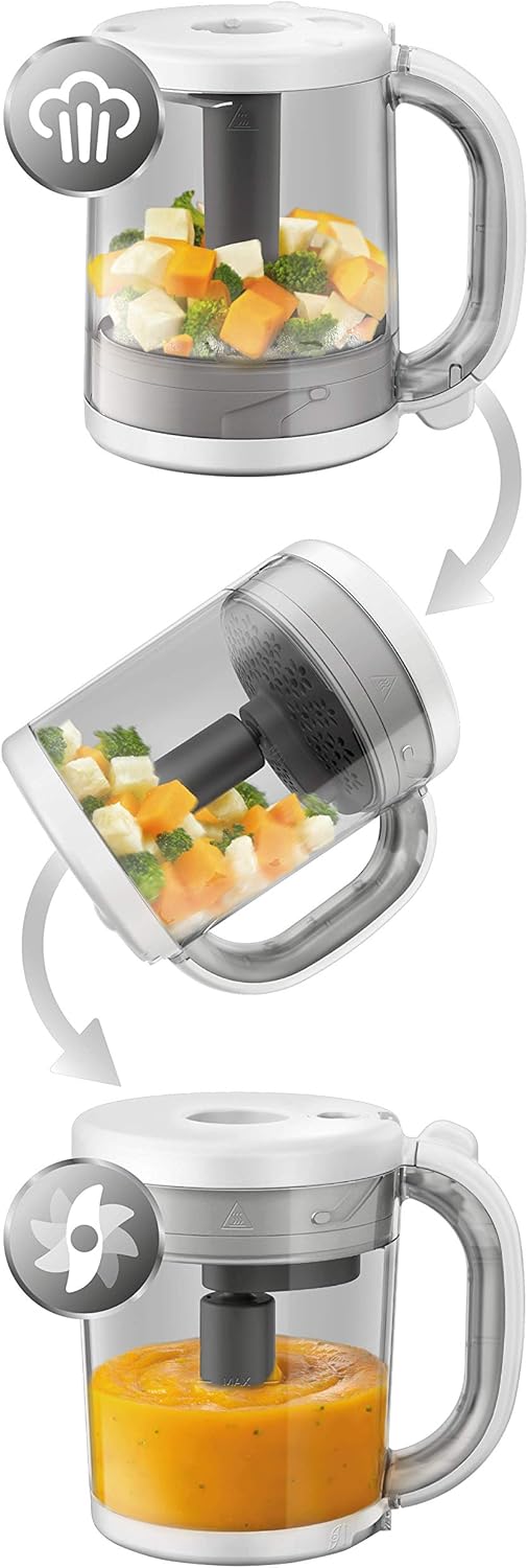 Blending steamed ingredients to create baby food