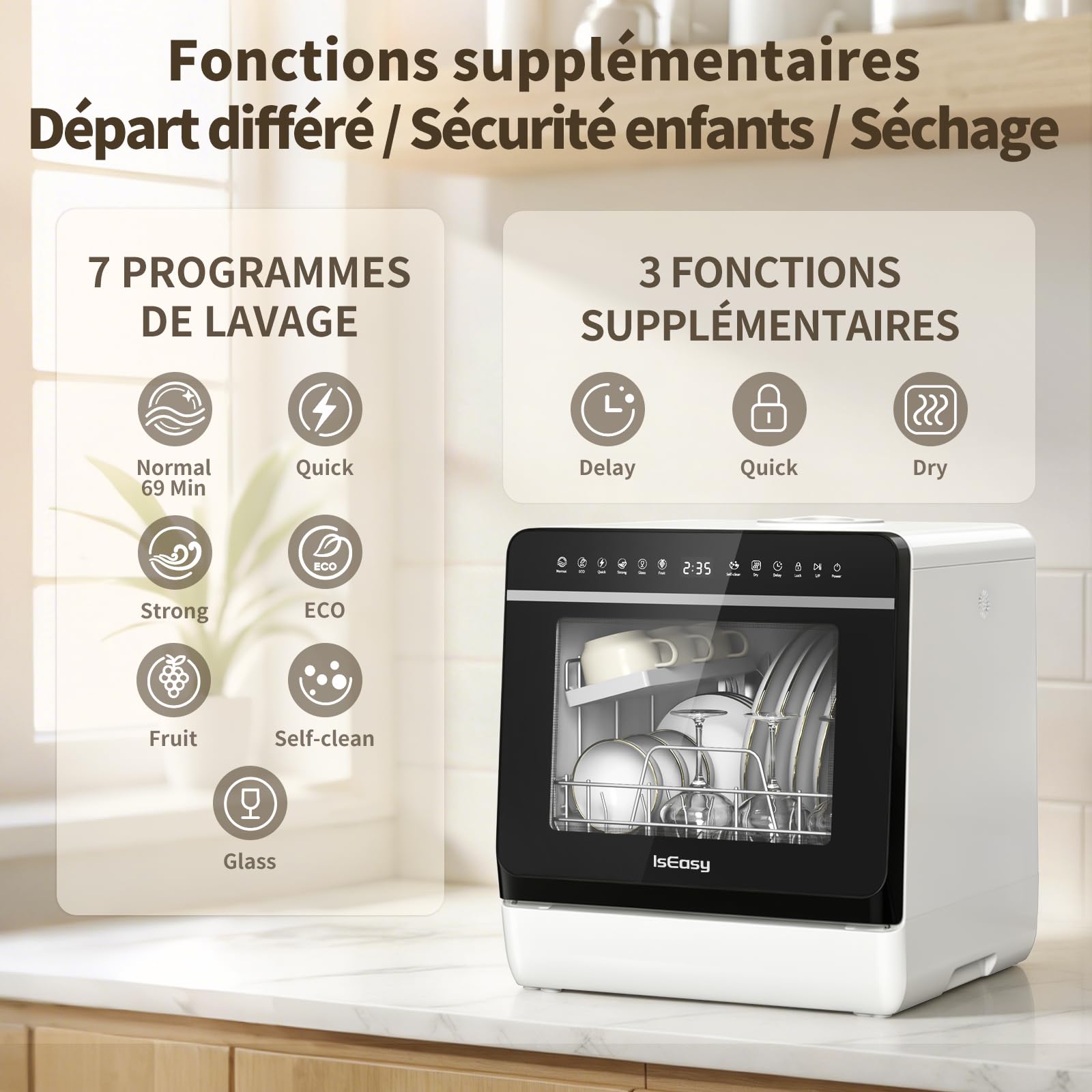 Mini lave-vaisselle de table 950 W, 3 couverts, 5L réservoir amovible, 7 programmes, 72 °C, écran LED tactile
