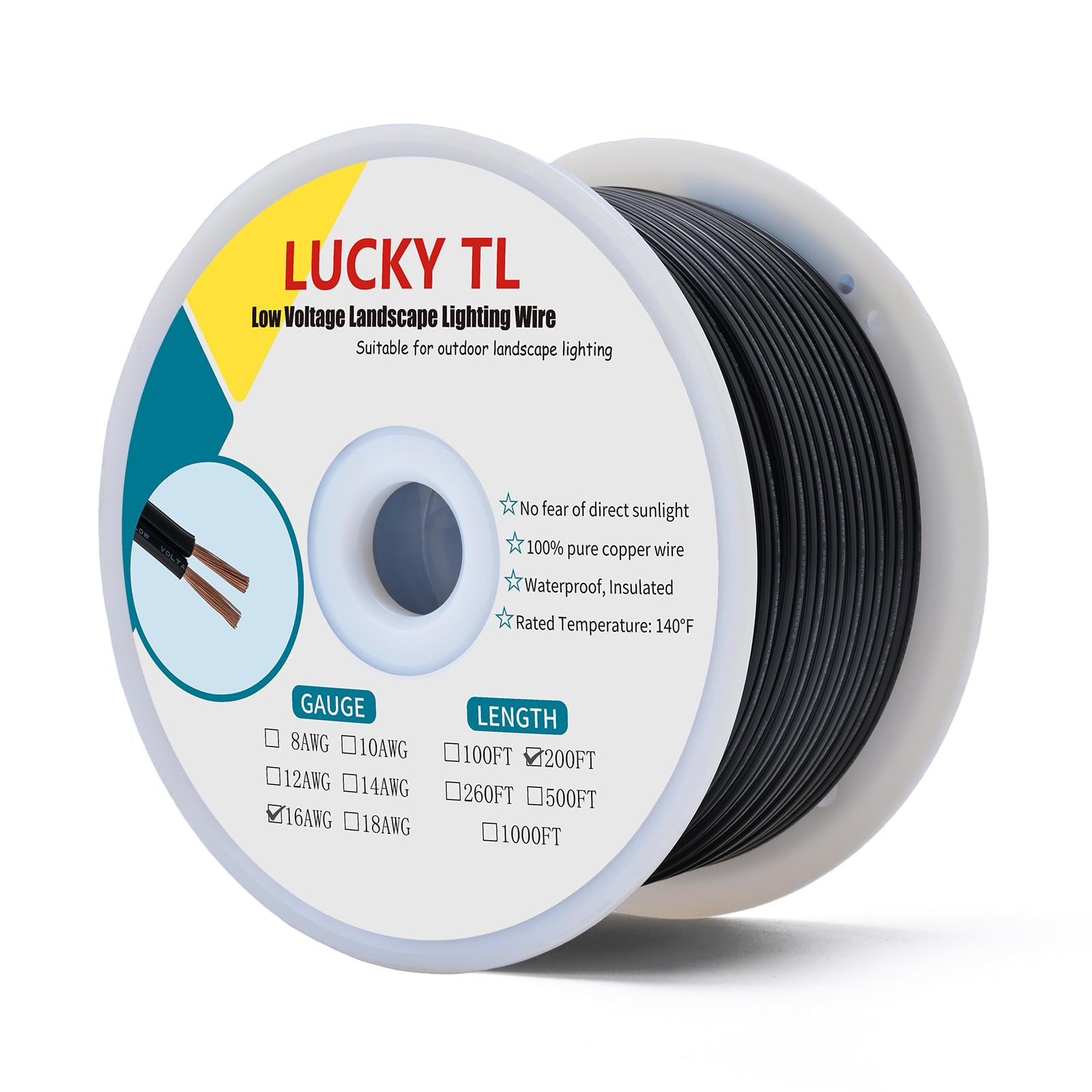 LUCKY TL Cable de baja tensión para paisajismo, 16/2, 200 pies, calibre 16, 2 núcleos, impermeable para exteriores, cable de iluminación para paisajismo, instalación directa, producción de cobre
