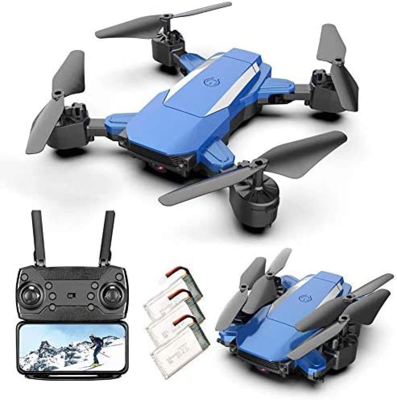 Quadcopter Transmisja FPV 2,4 GHz, dron z kamerą 4K HD dla dorosłych, czas lotu 60 minut, powrót jednym klawiszem, tryb bezgłowy, połączenie WIFI z 3 bateriami, kolor niebieski