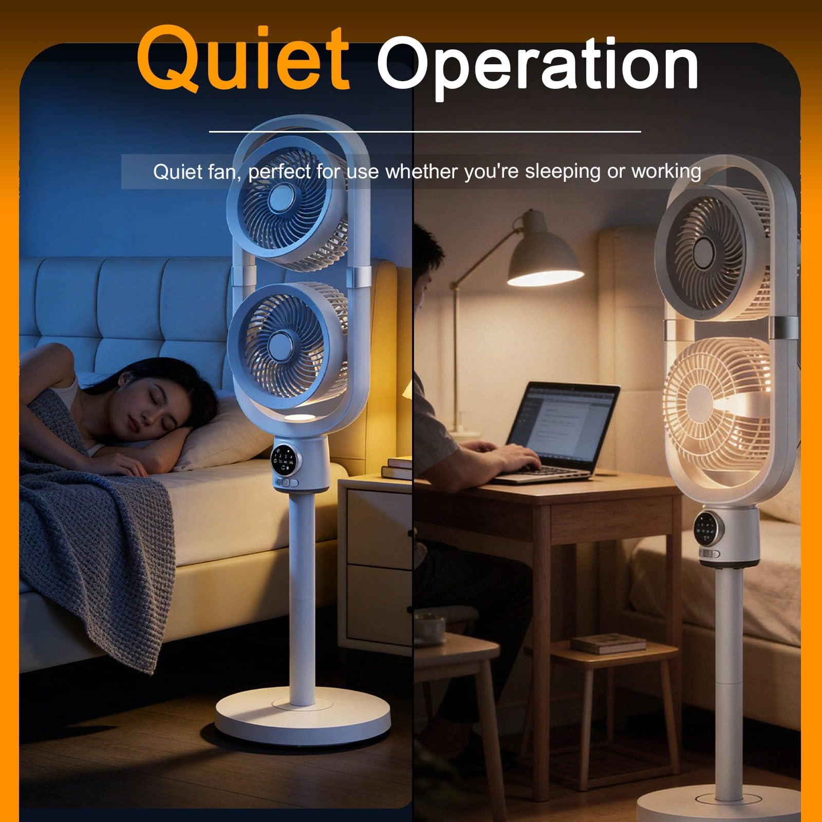 Ventilatore a Piantana con Telecomando Silenzioso 36 DB Oscillazione 360 Gradi, Doppia Testa 4 Velocità Regolabili Altezza Regolabile Bianco(Plug-in)
