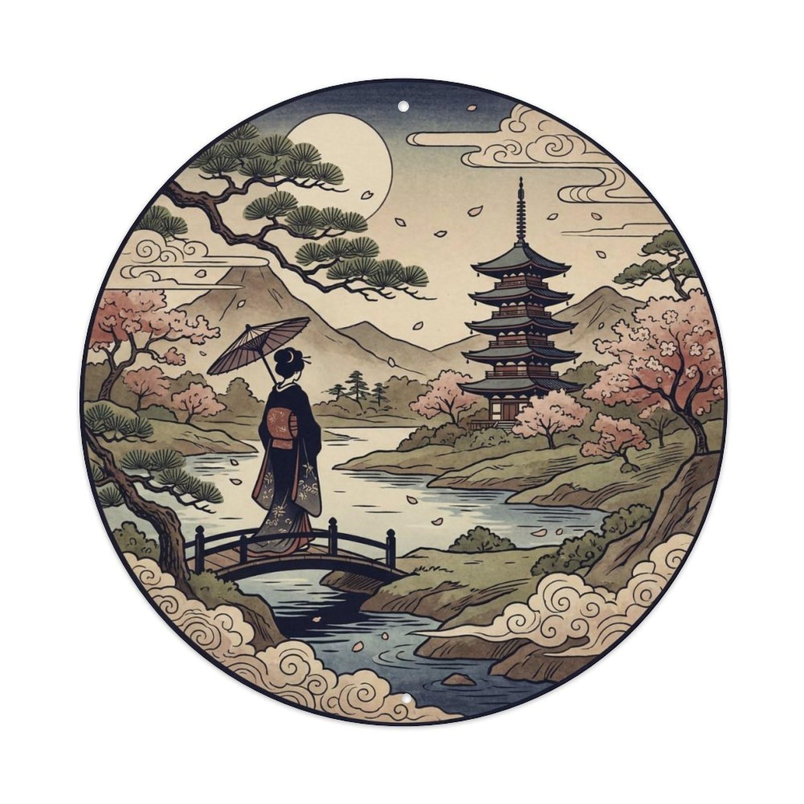 Japanese Geisha Side Distant Silhouette Serene Ornament Metal Tin Sign