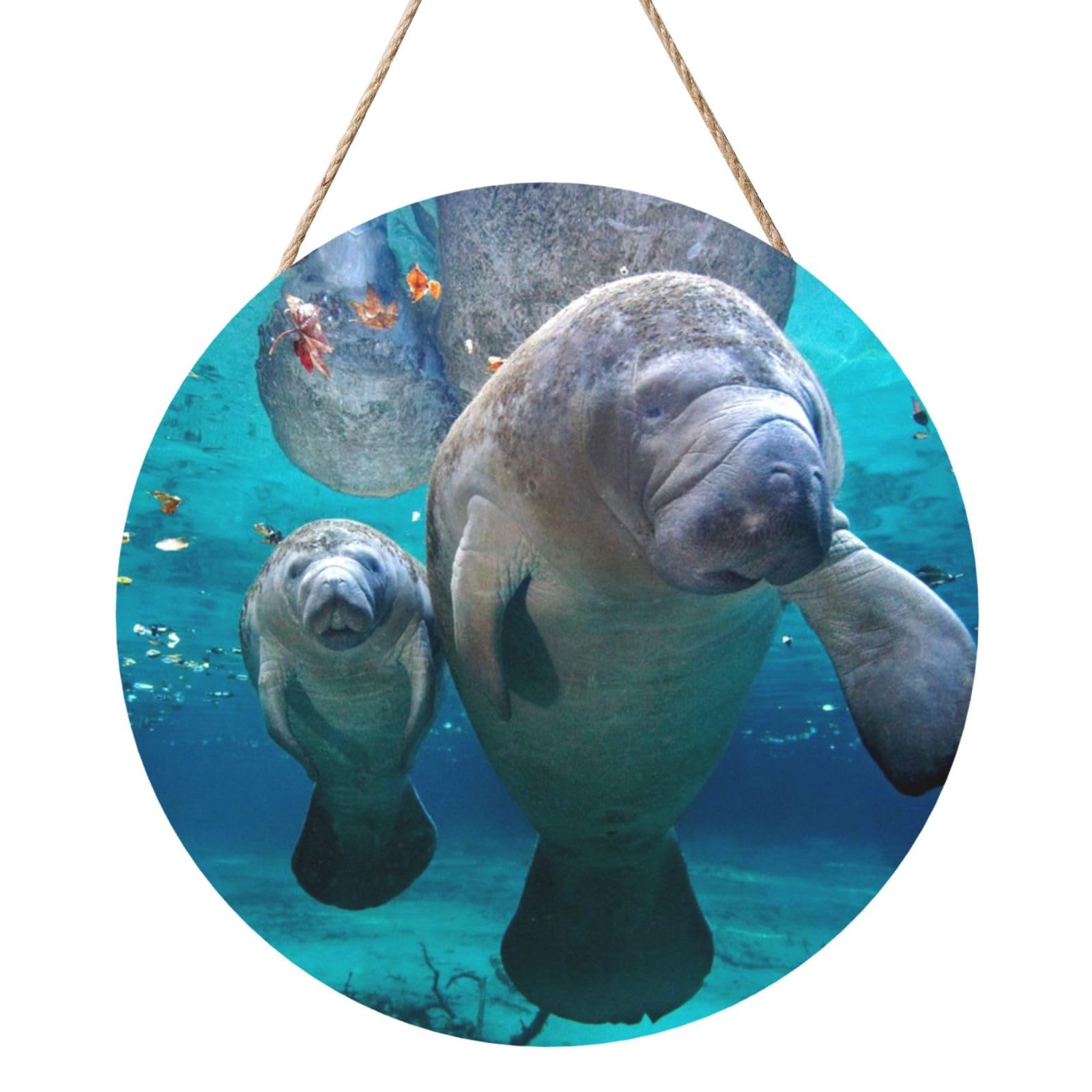 InOmak Sea Manatee, Round Wood Panel Painting 12 in, Wall Hanging Painting For Home