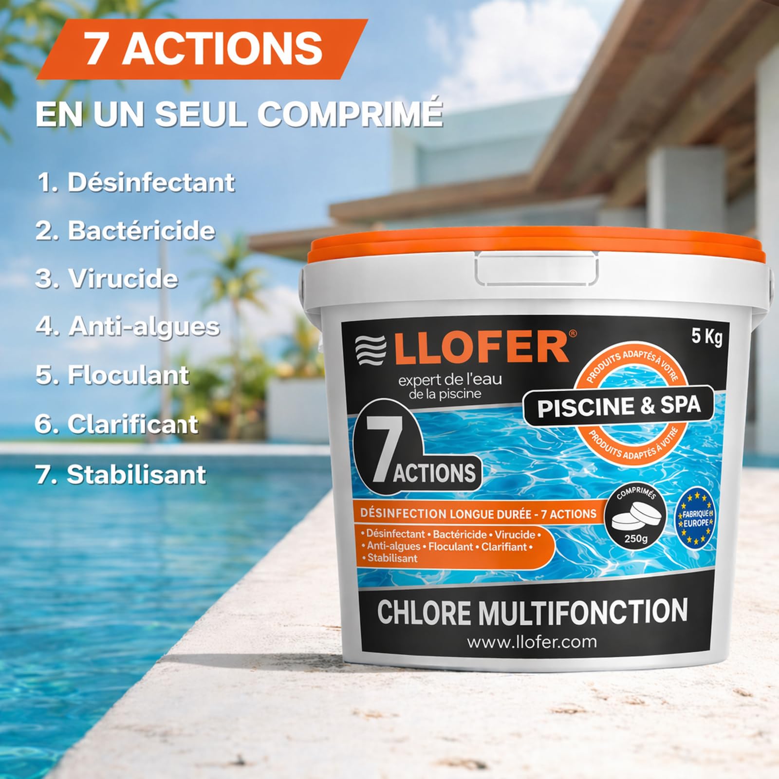 Chlore Multifonction en Galet de 250g - 5kg Total - Désinfection Longue Durée 7 Actions: désinfectant, bactéricide, virucide, Anti-algues, floculant, clarifiant et stabilisant.