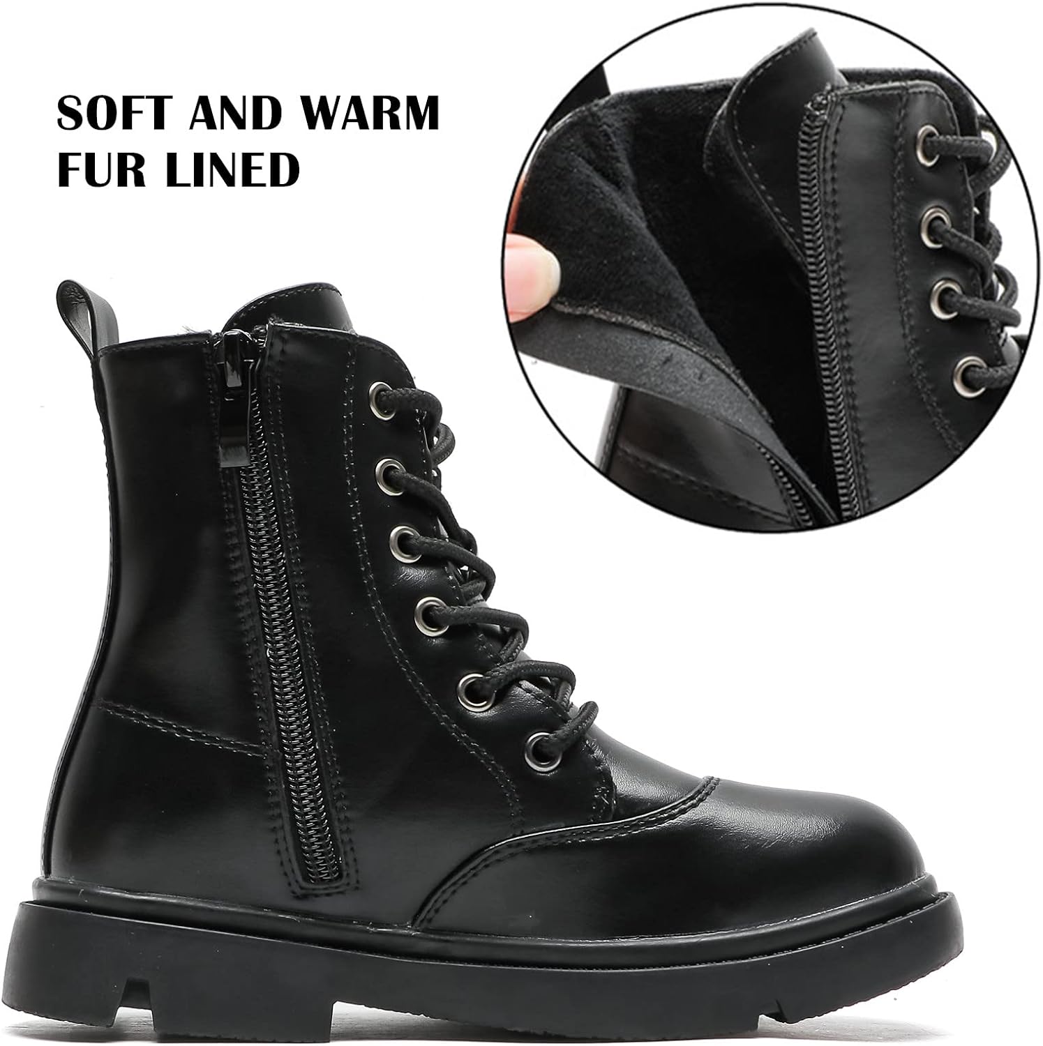 DADAWEN Boys Girls Waterproof Lace Up Glitter Mid Calf Combat Boots With Side Zipper for Toddler/Little Kid/Big Kid