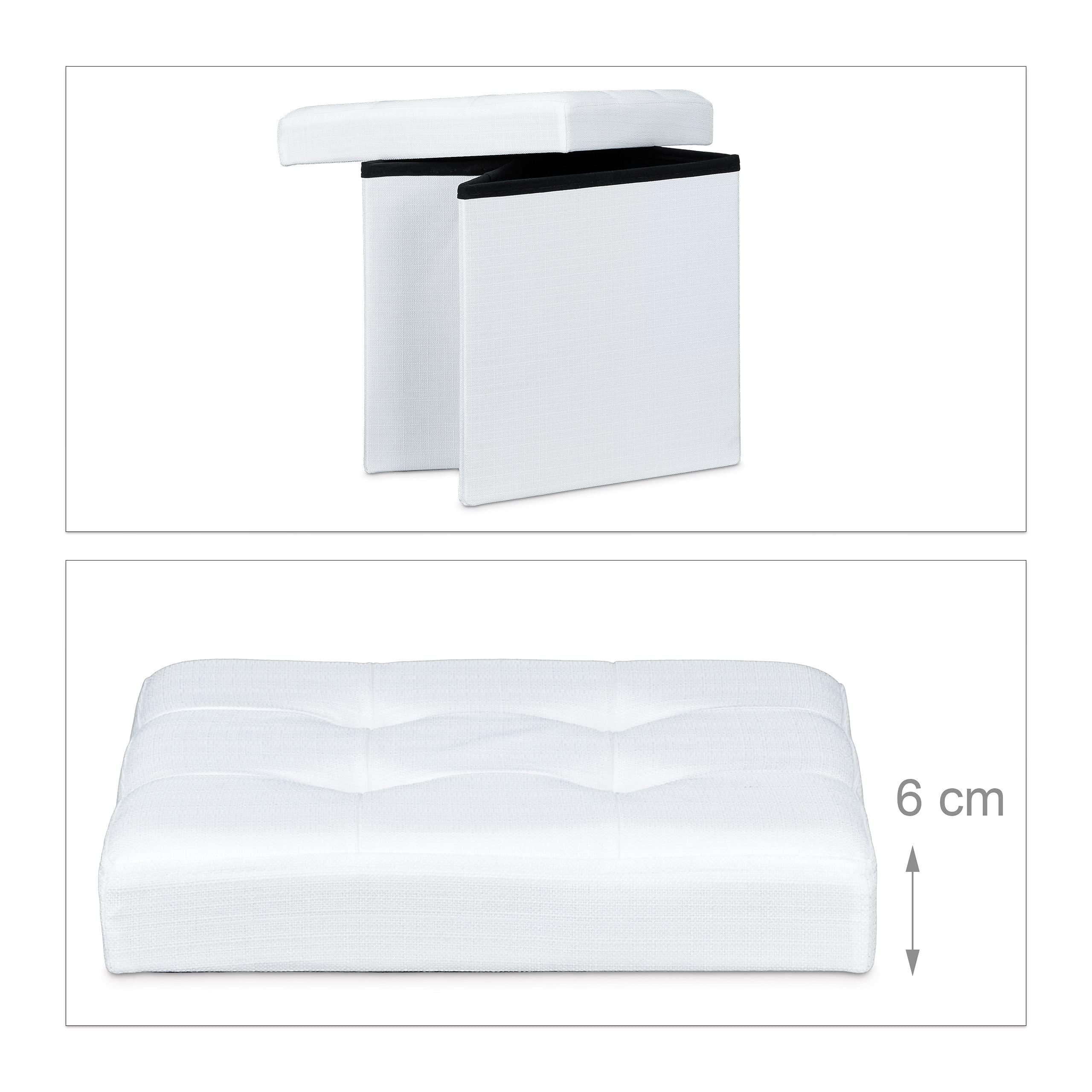 Relaxdays Pouf Pieghevole Con Contenitore, Sgabello a Forma di Cubo, Lino, Coperchio Rimovibile, 38x38x38 cm, Bianco