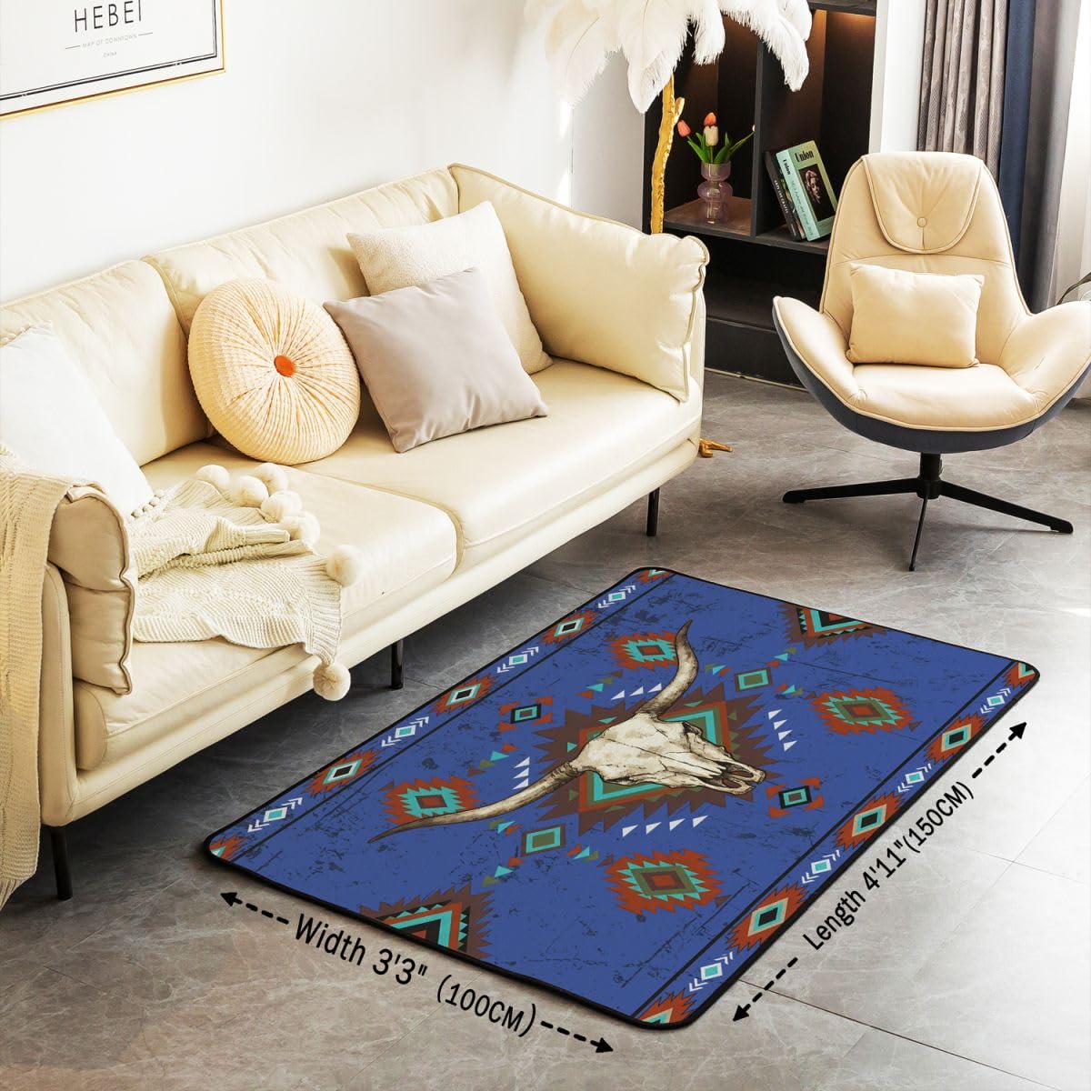 Homewish Bull krowa czaszka dywaniki 100 x 150 cm do sypialni salonu - zachodni nowoczesny dywan podłogowy południowo-zachodni boho duże dywany etniczne plemienne geometryczny aztecki niegubiący dywan