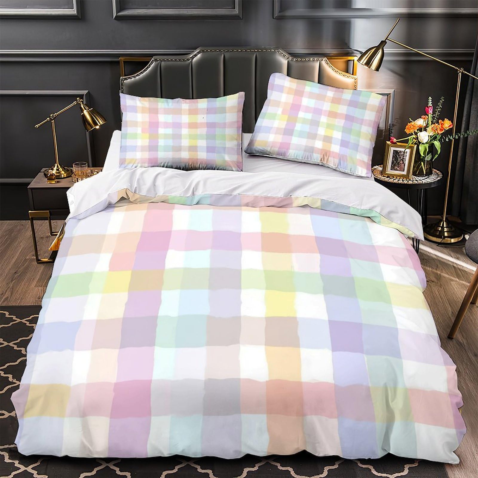 Parure de lit 3d motif grille pastel housse de couette microfibre single 135x200cm