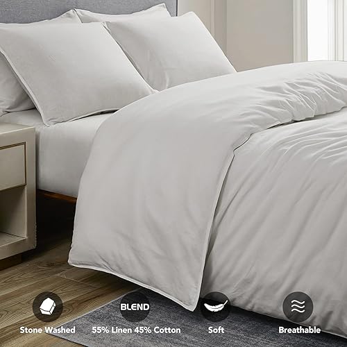 Miniatura 2 de DAPU - Juego de 3 piezas de funda de edredón de lino francés, mezcla natural de algodón, ropa de cama transpirable, 1 funda de edredón y 2 fundas de