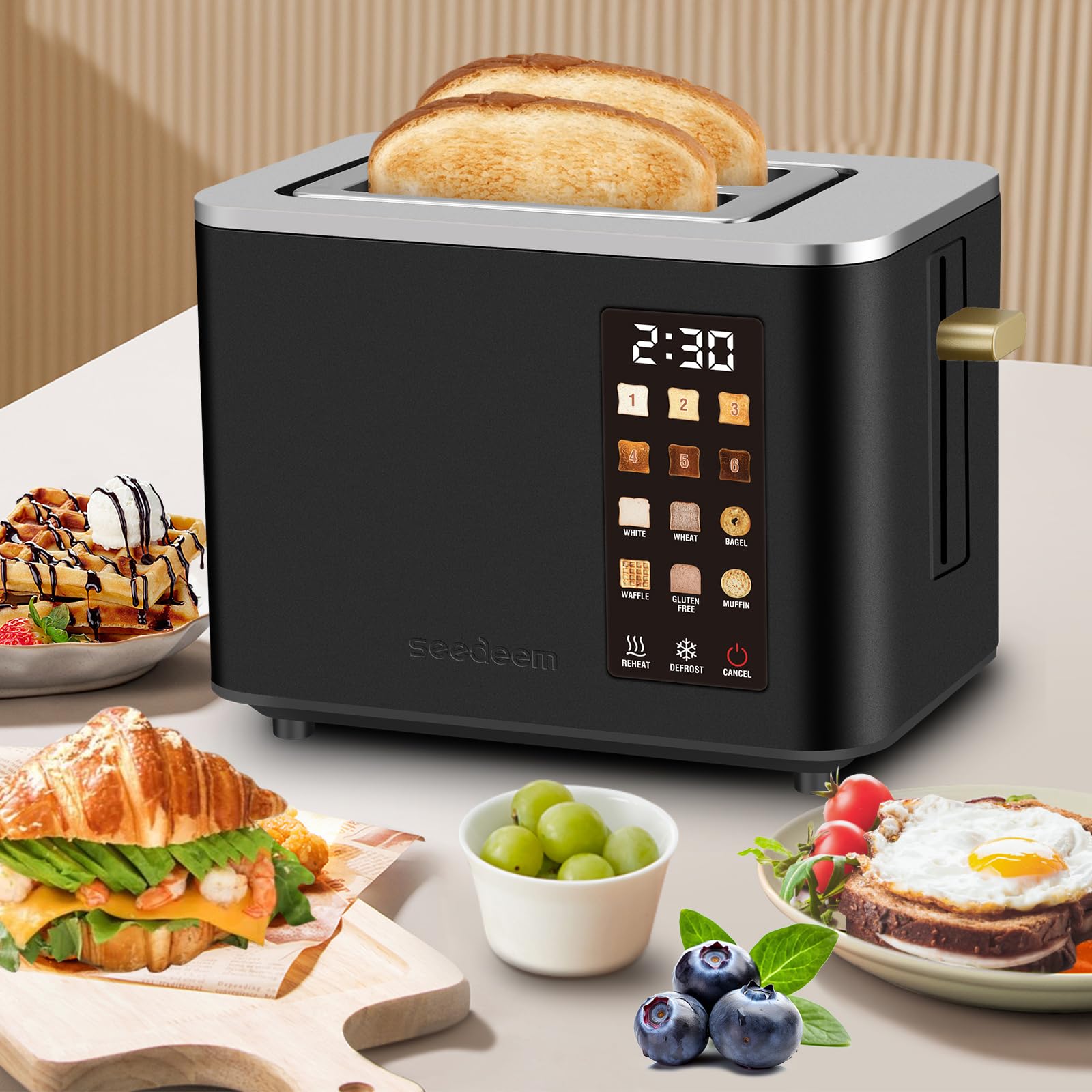 SEEDEEM Toaster 2 Slice, Touch Control Screen, Smart Stainless Toaster, 6 Shade Setting, 6 Bread Selection, Countdown, Removable Crumb Tray, 900W, Matte Black