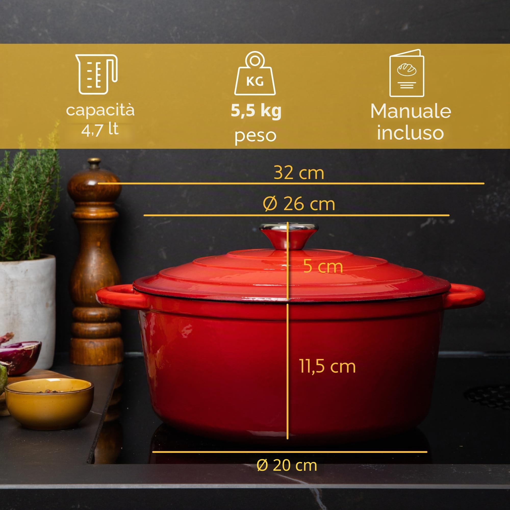 Chefarone Cocotte Casseruola Ghisa smaltata 26 cm 4,7 L - Dutch Oven con Coperchio – Pentola Multiuso per Pane Arrosti Stufati e Cotture in Forno - compatibile Induzione