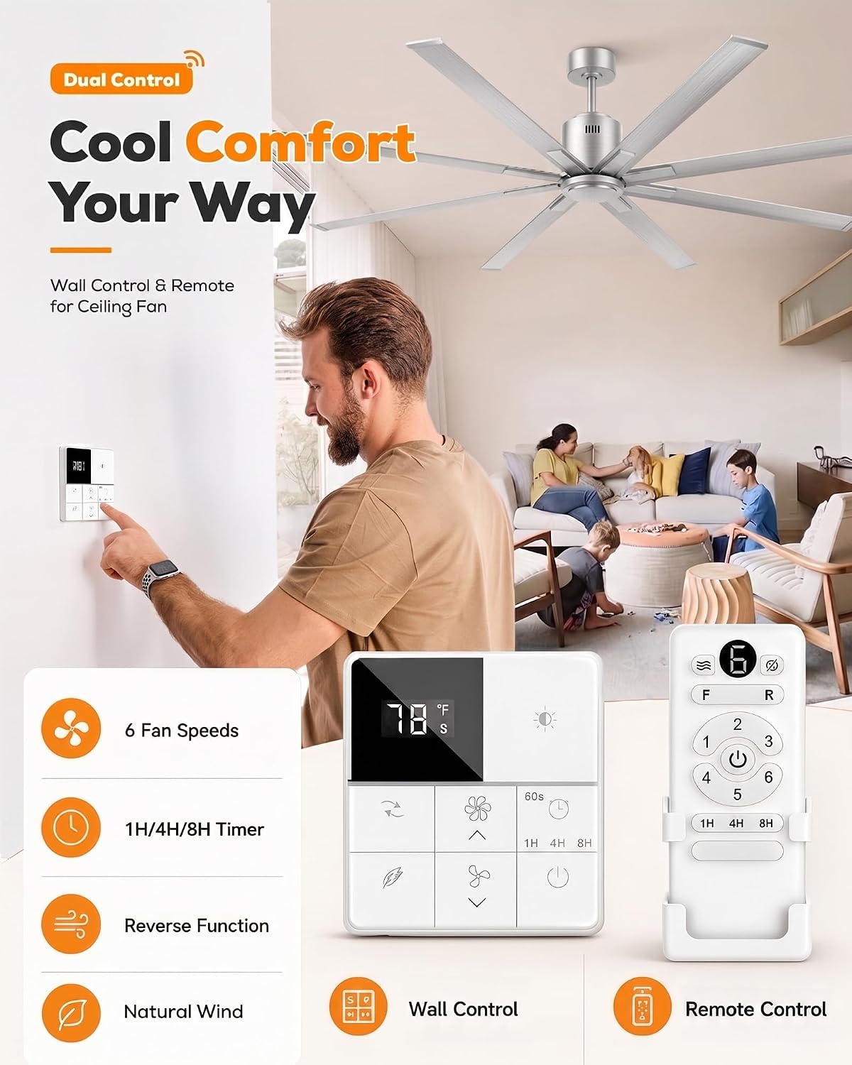 84 Inch Industrial Ceiling Fans No Lights, Large Ceiling Fan with 8 Reversible Blades, Outdoor/Indoor Industrial DC Motor Ceiling Fan with 6-Speed Remote Control for Porch Garage Shop Gym, Silver