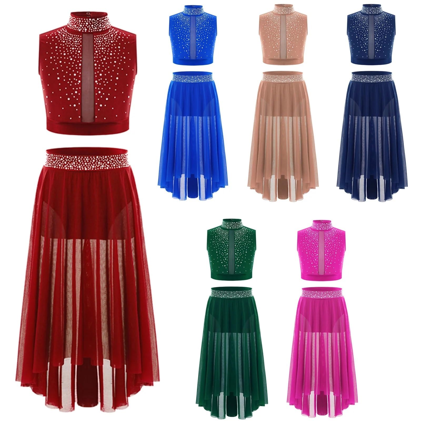 Disfraz Gimnasta NiñA Ropa de baile moderna for niñas, atuendo de baile lírico, traje de patinaje artístico de ballet, top corto sin mangas con diamantes de imitación y falda de malla(Pink,16)