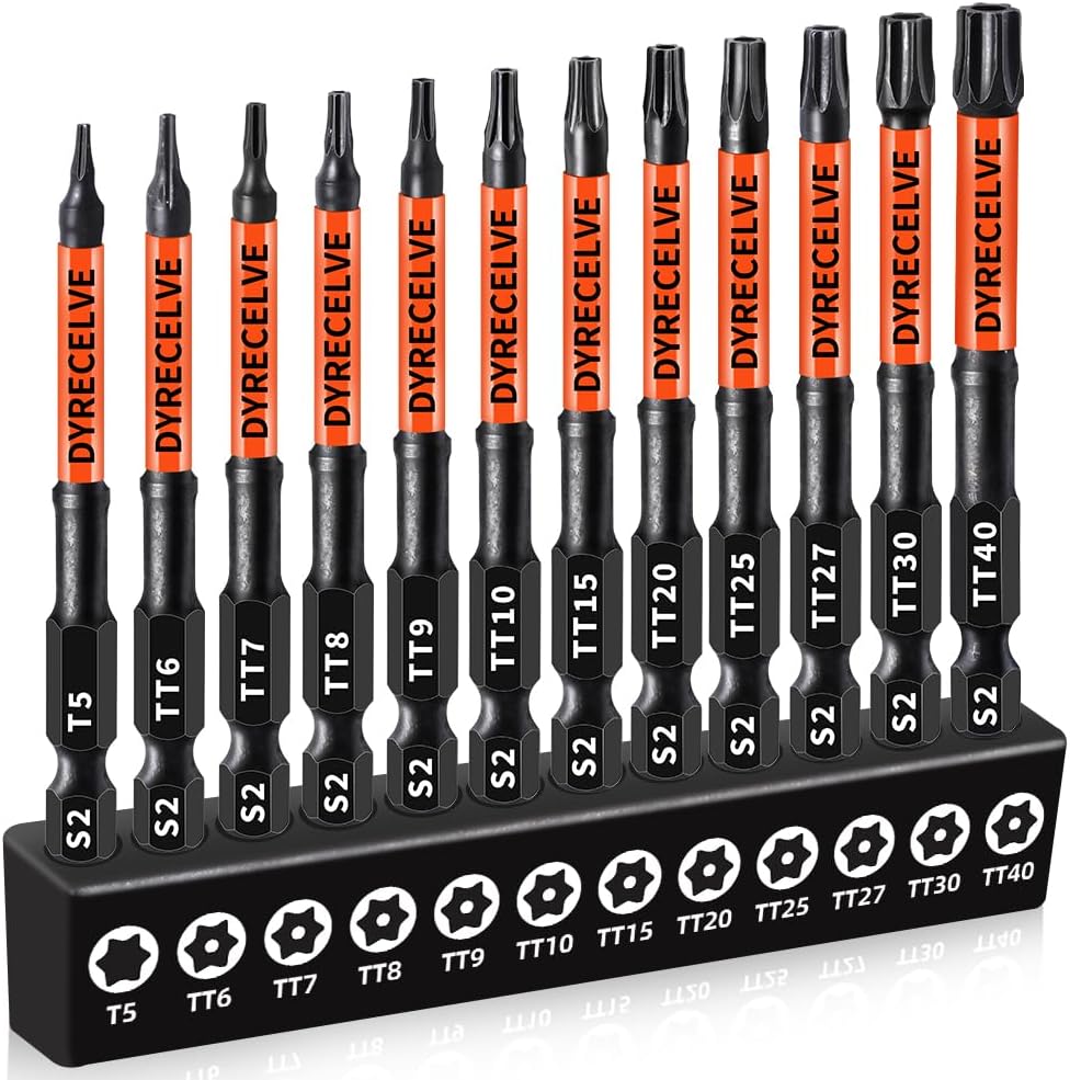 12-Pack Impact Security Torx Bit Set (T5-T40) 3-Inch Long, S2 Steel, Professional Tamper Proof Star Bits Set, with 1/4" Hex Shank, Magnetic & High Torque for Automotive/Electronics/DIY