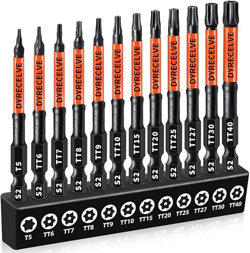 DYRECELVE 12-PCS Security Torx Bit Set 3IN Impact Magnetic T5-T40 Star Bits | Long Tamper Proof Torx Bit Set, S2 Steel, CNC Tips, 1/4-Inch Hex Shank, Torque Bits for Impact Driver and Power Drill