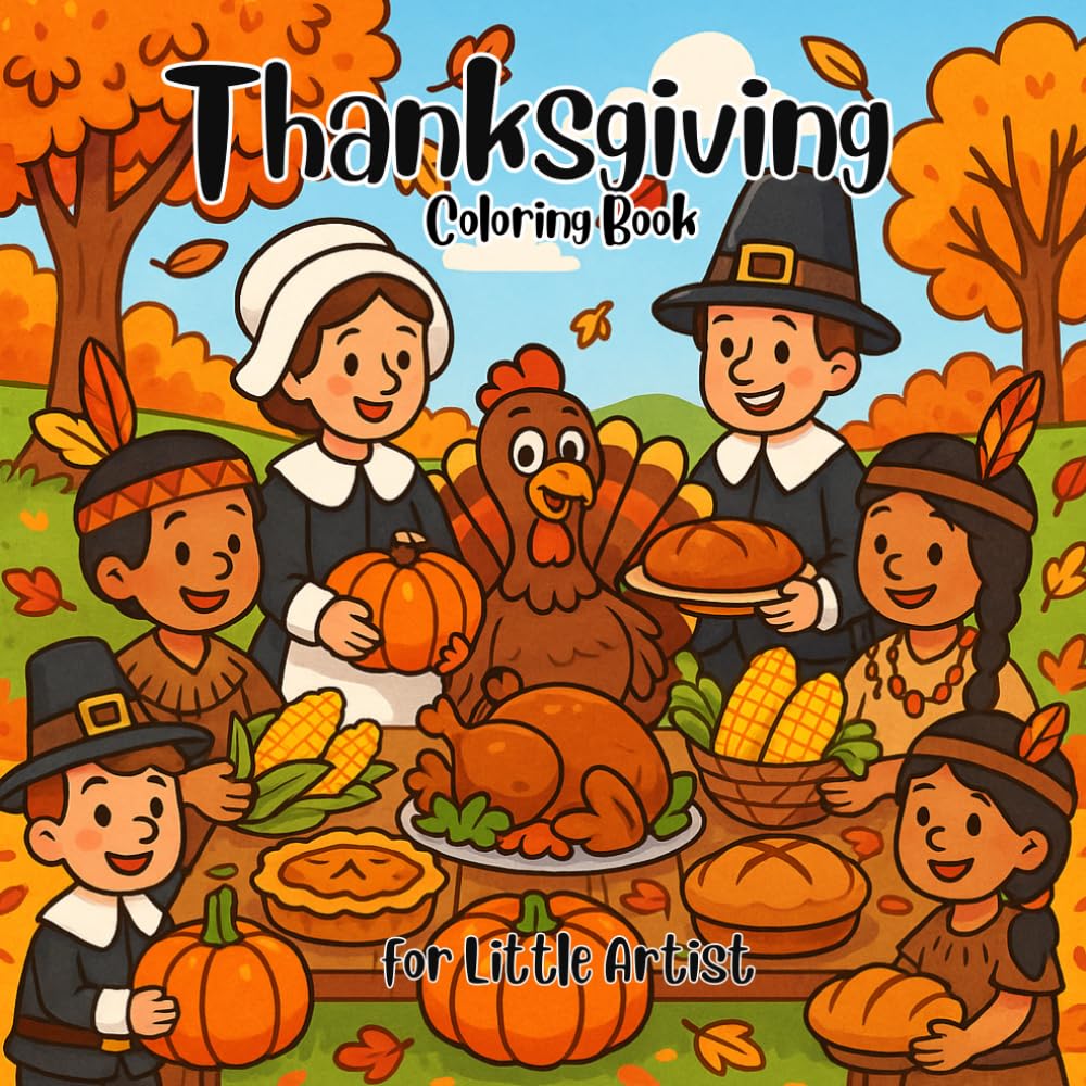 Thanksgiving Coloring Book for Kids: Happy Harvest Coloring Pages featuring Turkeys, Pilgrims, Pumpkins, and Fall Scenes for Ages 3–8