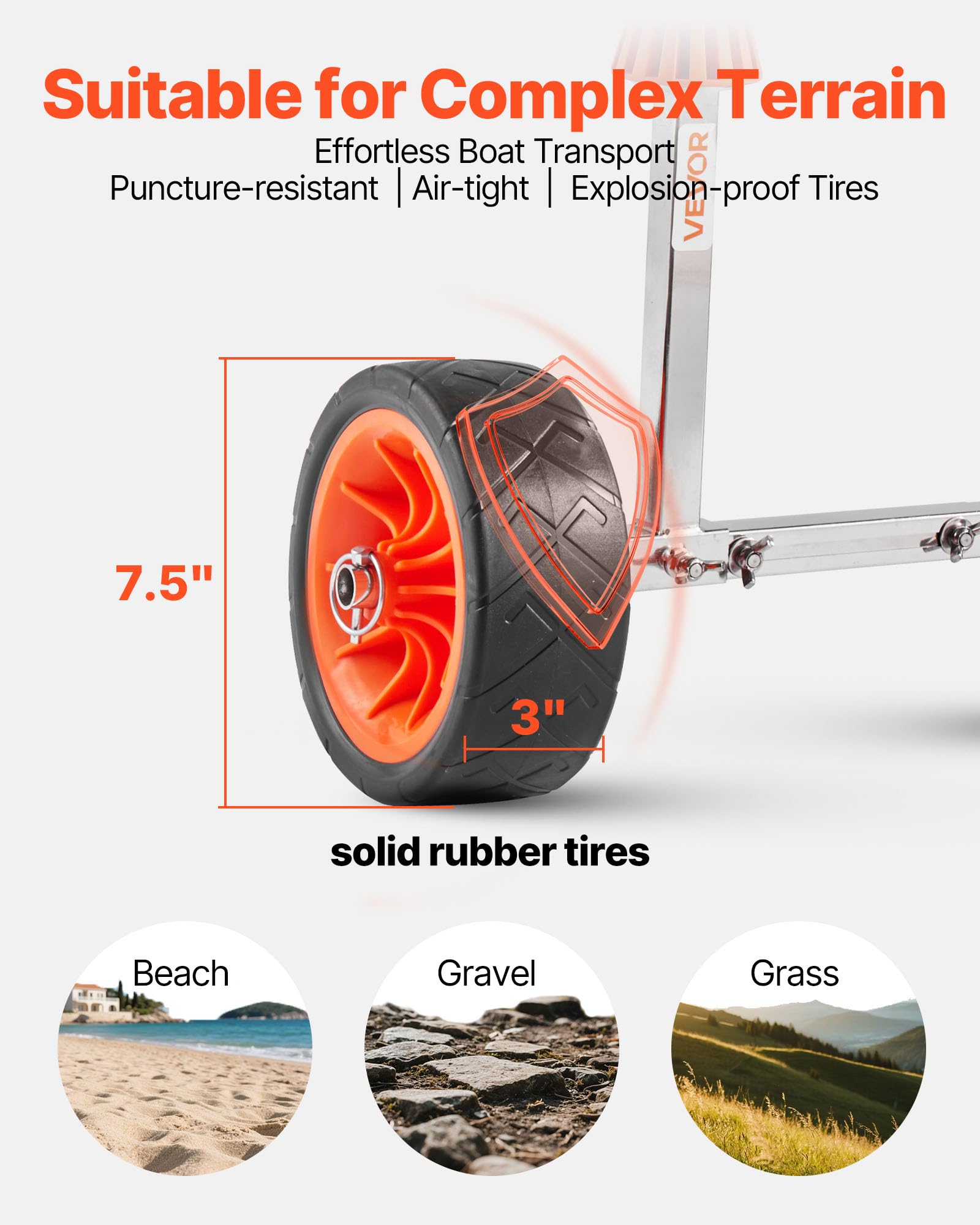 VEVOR Remolque Vertical para Kayak, Remolque de Kayak 560 x 190 x 485 mm con Neumáticos de Goma Maciza de 19,1 cm y Correa de Amarre, Carga de 113,4 kg, Carrito para Tabla de Surf de Remo, Canoas