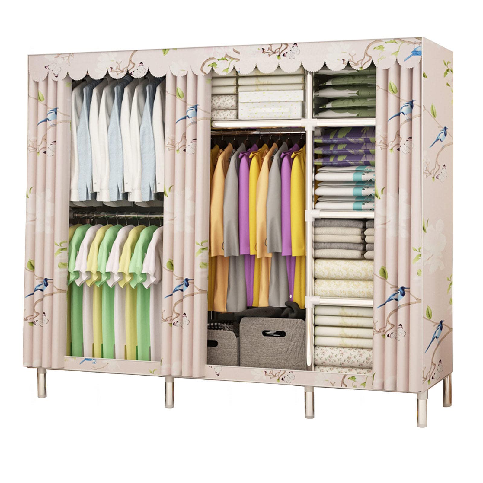 Kleiderschrank, tragbare Kleiderschrankregale aus Segeltuch mit Kleiderstange und Stoffbezug, Kleiderschrank-Aufbewahrungsorganisator für Schlafzimmer, Einfach zu montieren,F-210x4