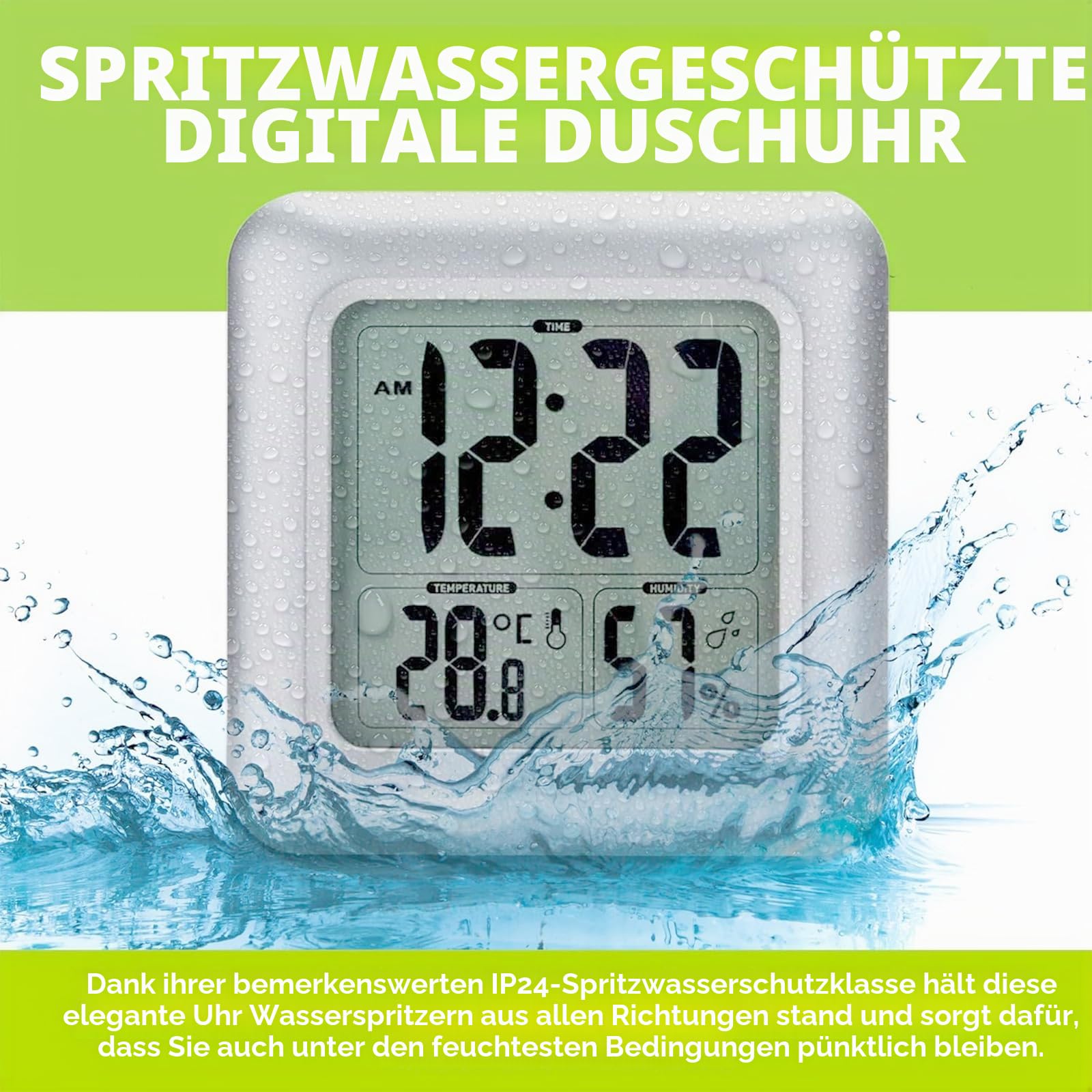 Große wasserdichte Badezimmer-Dusch-Wanduhr, großes LCD-Display, digital, wasserabweisend, für Innen- und Außenbereich, Temperatur- und Luftfeuchtigkeitsuhr, leicht ablesbare hängende Uhr für ältere