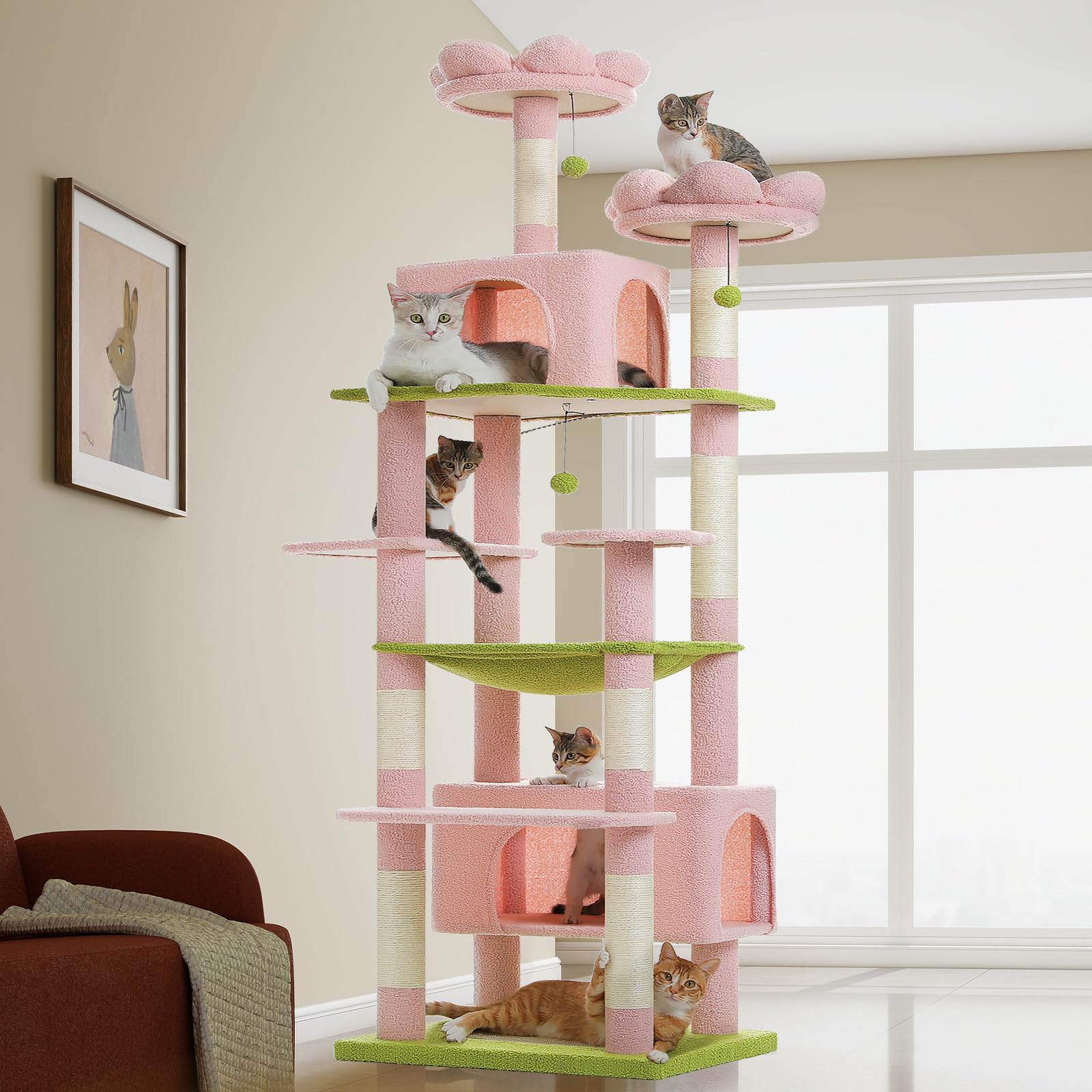 PAWZ Road 205cm Cat Tree with Sisal-Covered Scratching Posts and Pads, Cat Tower for Large Cats with Spacious Hammock, Dual Condos and 2 Padded Perches Pink - 205cm - Pink