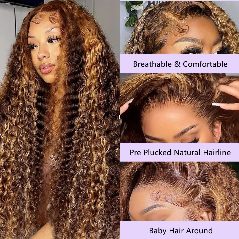 annione 22 Inch Highlight Ombre Lace Front Wig Human Hair 4/27 Deep Wave Lace Front Wigs Human Hair 13x6 Honey Blonde Wig Human Hair with Baby Hair Curly Wig Pre Plucked for Women