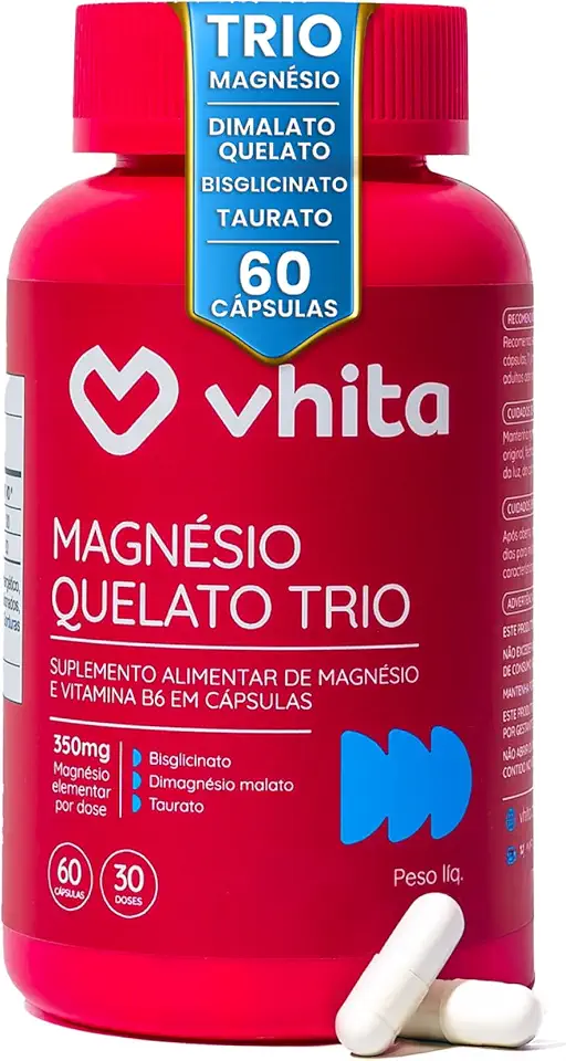 Vhita Magnesio Quelato Trio, Dimalato, Bisglicinato e Taurato, com Vitamina B6, 60 Cápsulas