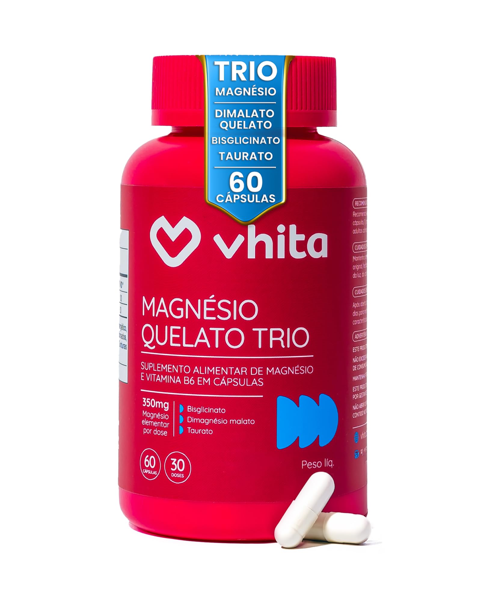 Magnésio Quelato Trio, Dimalato, Bisglicinato e Taurato com Vitamina B6 ...