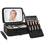 Chomeiu Makeup Bag with LED Mirror, Large Train Case for Makeup Artists, 16.2 inches Travel Professional Cosmetic Organizer with Light Up Mirror, 3 Color Lights, Brush Holder & Shoulder Strap (Black)